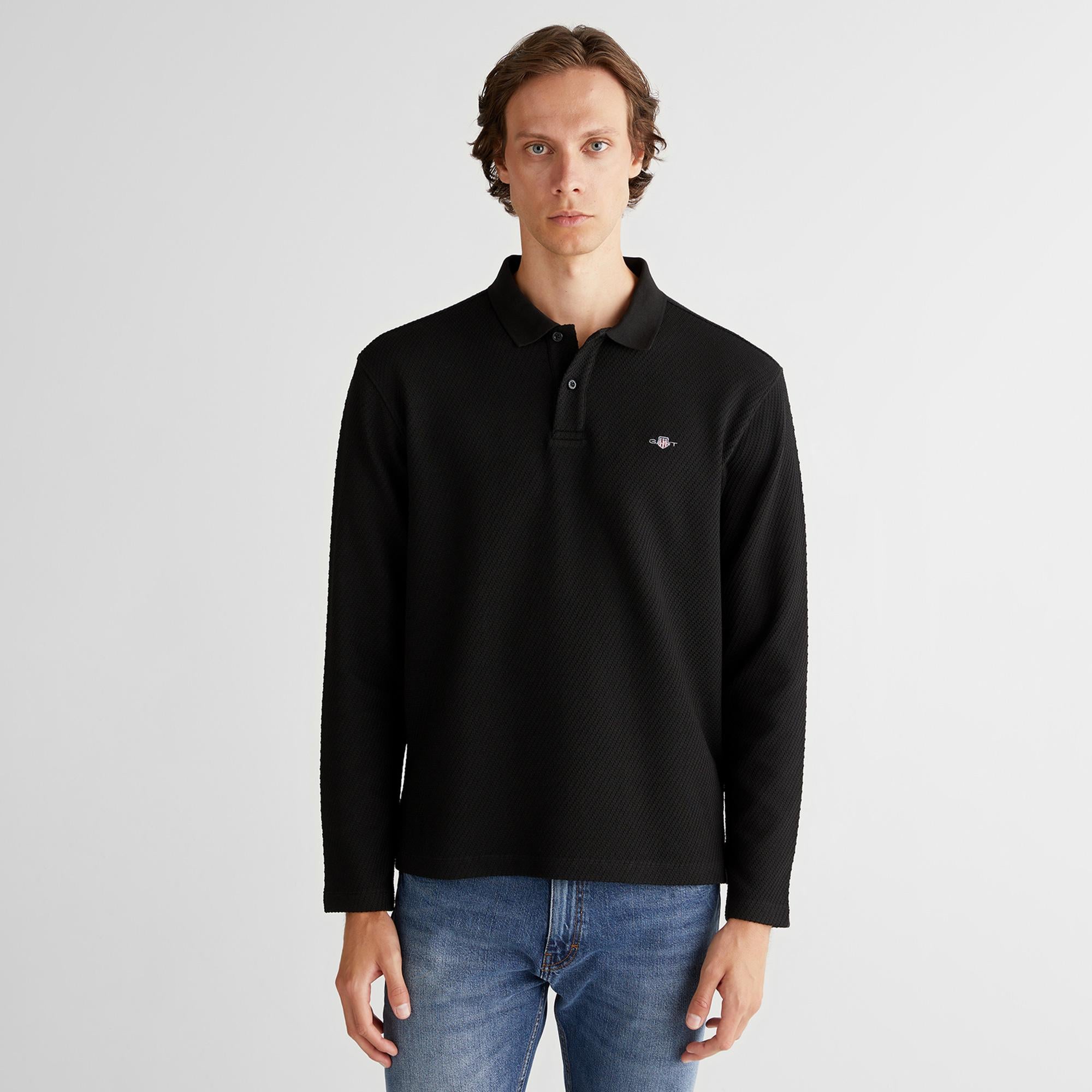 GANT Erkek Siyah Relaxed Fit Polo Yaka Uzun Kollu T-Shirt