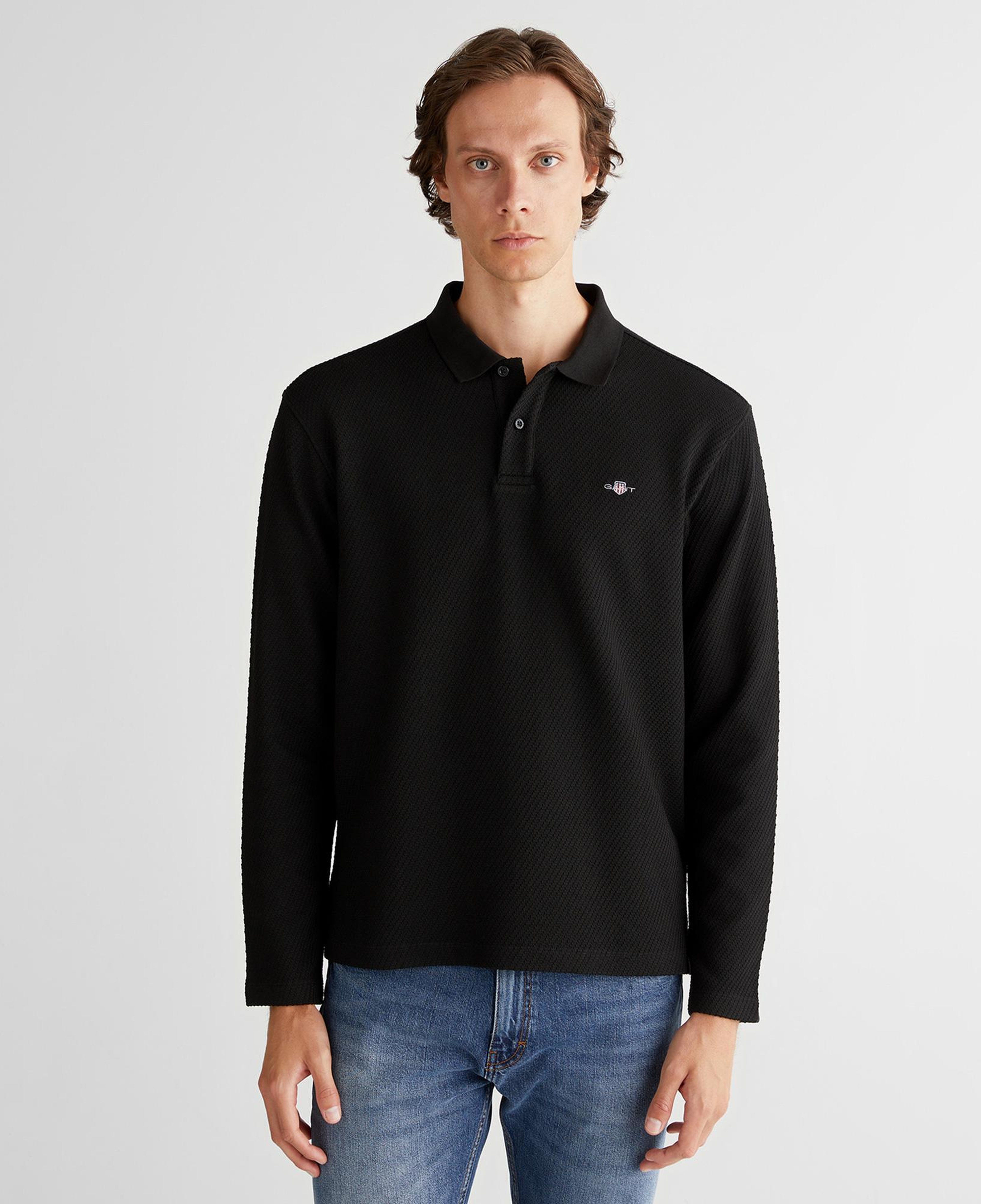 GANT Erkek Siyah Relaxed Fit Polo Yaka Uzun Kollu T-Shirt