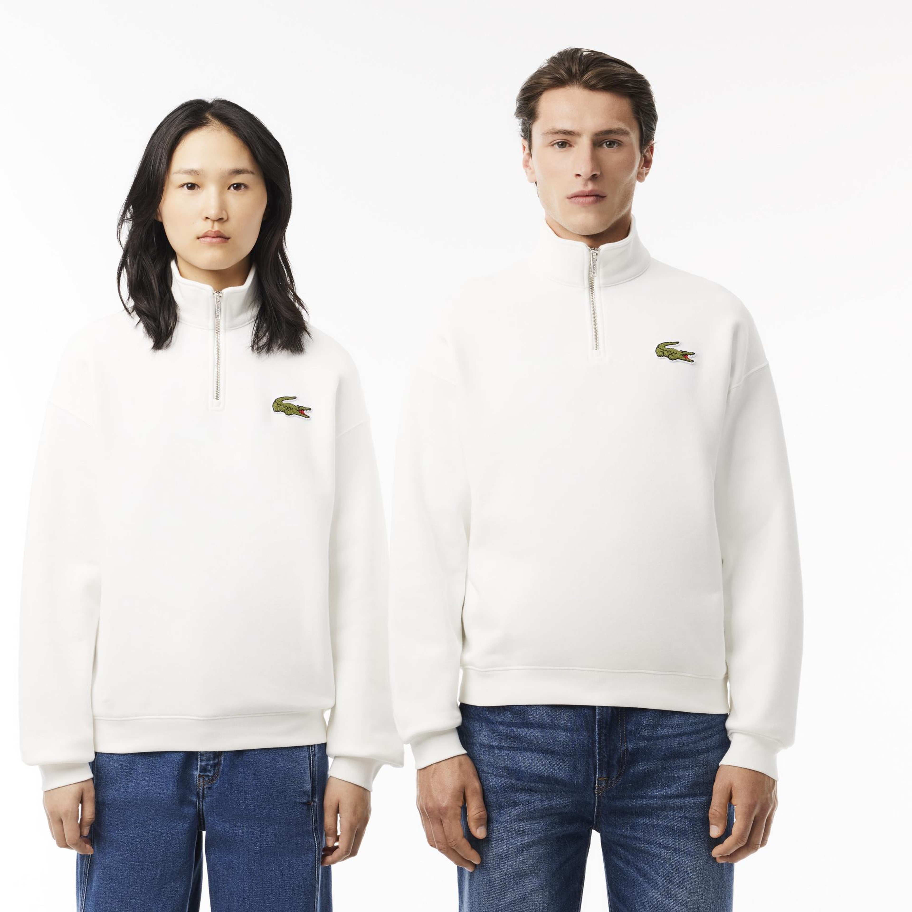 Unisex Loose Fit Yarım Fermuarlı Beyaz Organik Pamuk Sweatshirt