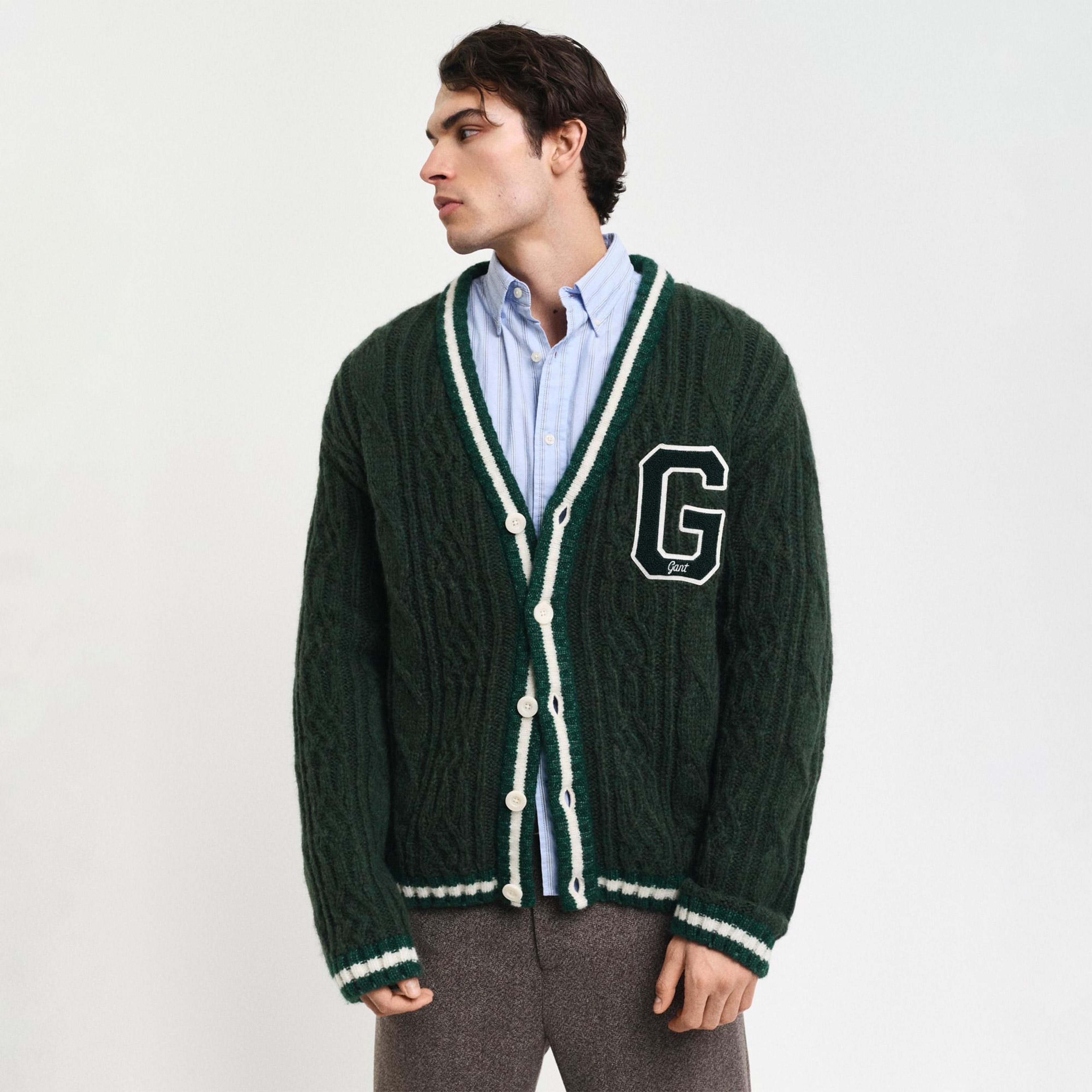 GANT Erkek Yeşil Regular Fit Düğmeli Yaka Logolu Yün Karışımlı Hırka