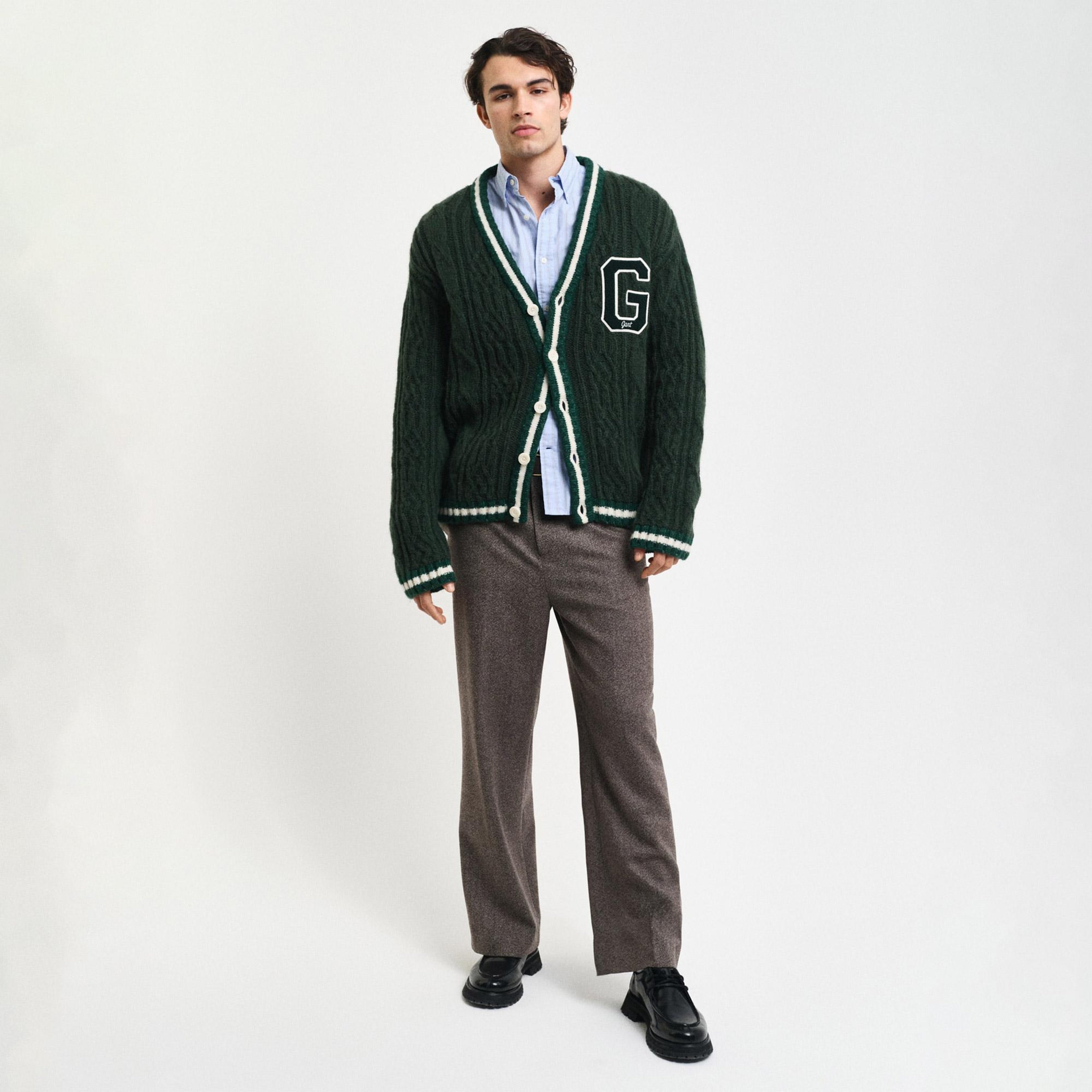 GANT Erkek Yeşil Regular Fit Düğmeli Yaka Logolu Yün Karışımlı Hırka