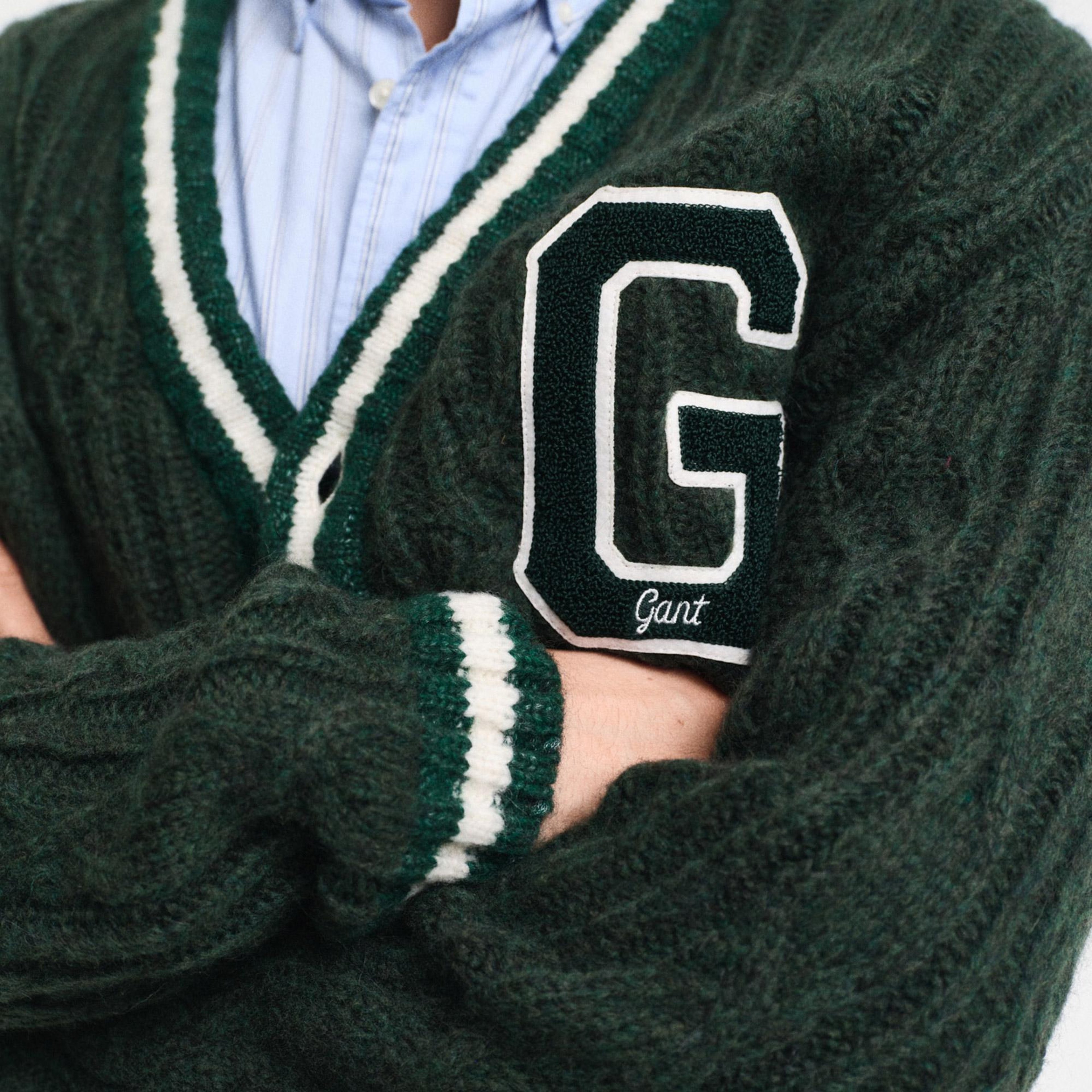 GANT Erkek Yeşil Regular Fit Düğmeli Yaka Logolu Yün Karışımlı Hırka