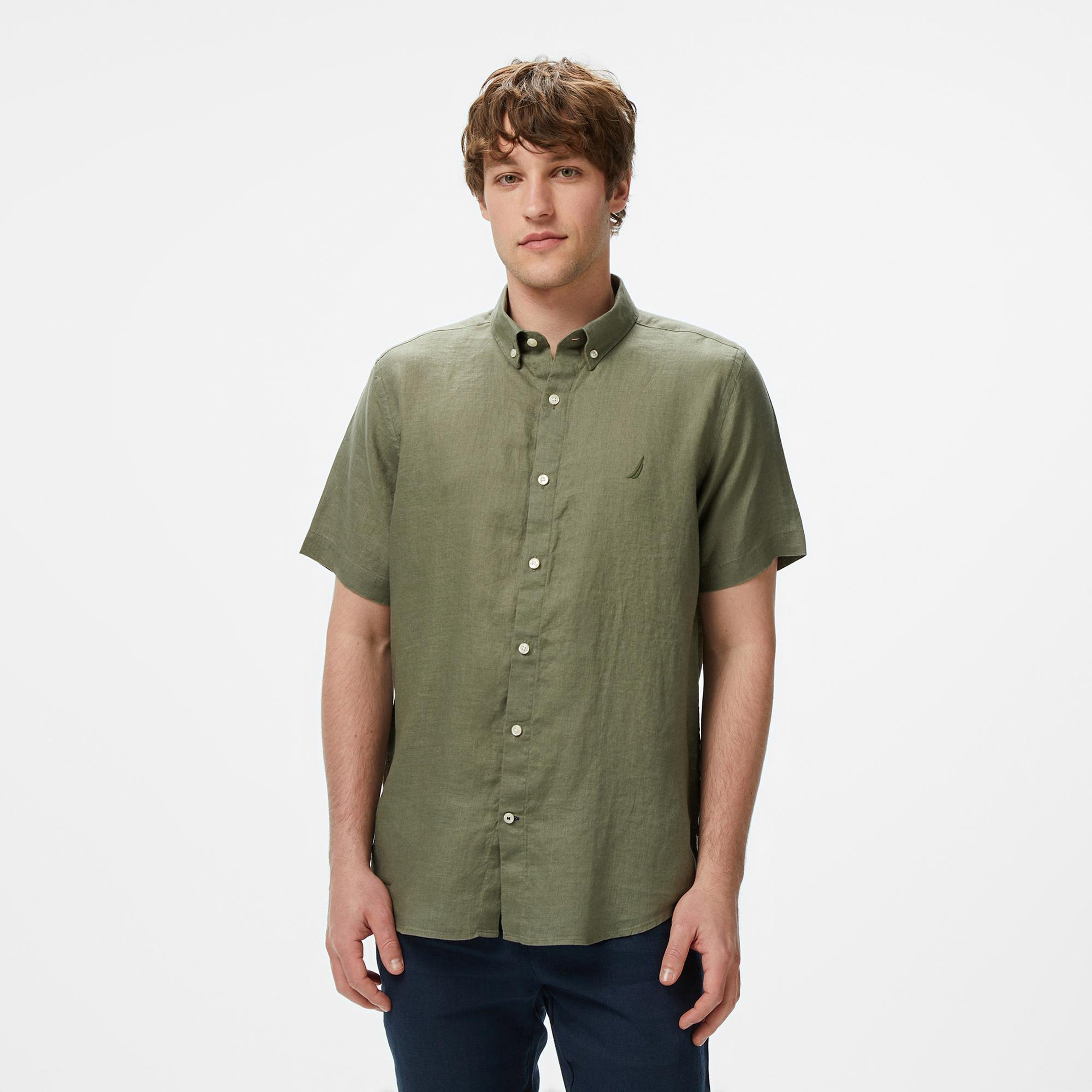 Nautica Erkek Haki Classic Fit Keten Gömlek