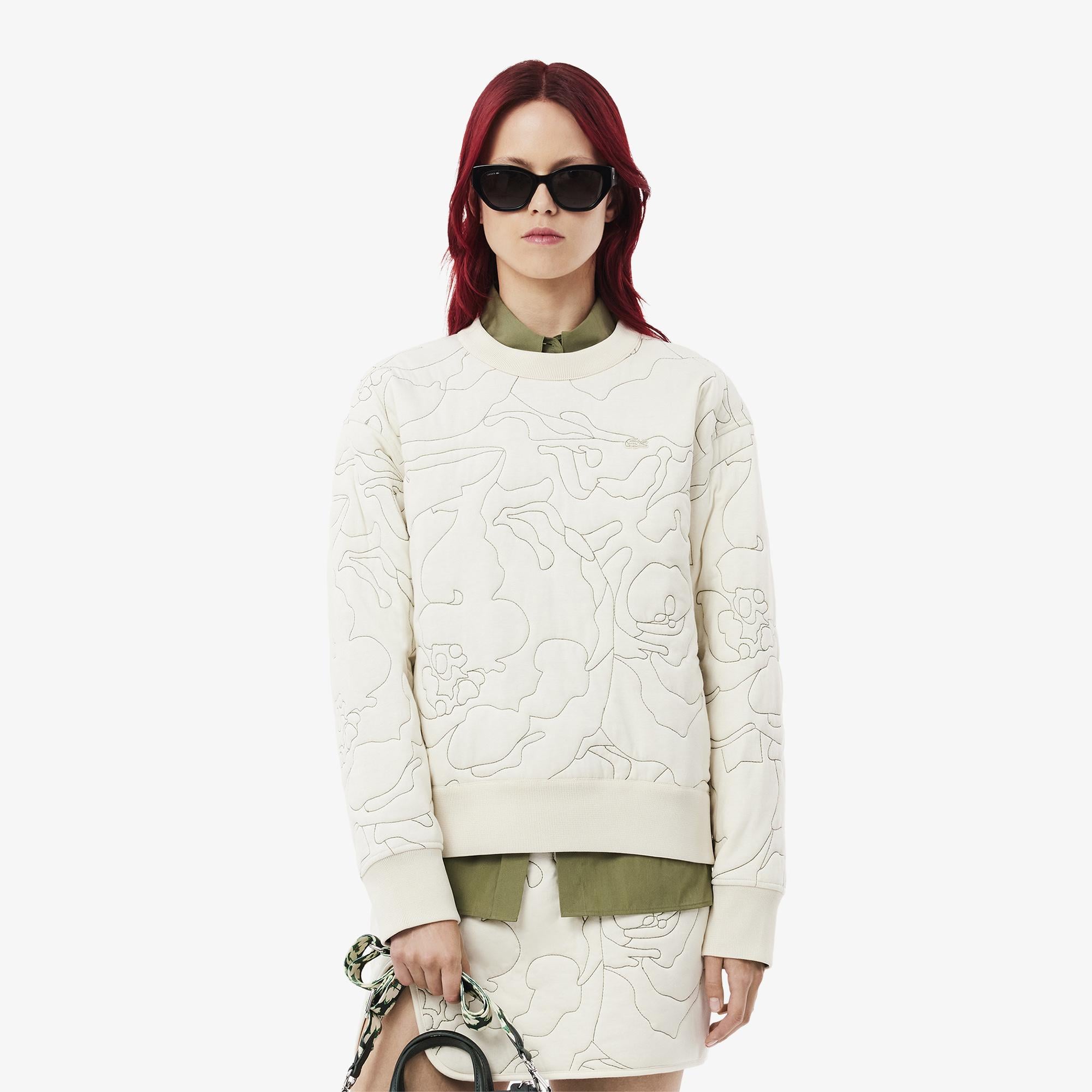 Kadın Oversize Fit Bisiklet Yaka Çift Taraflı Desenli Krem Sweatshirt
