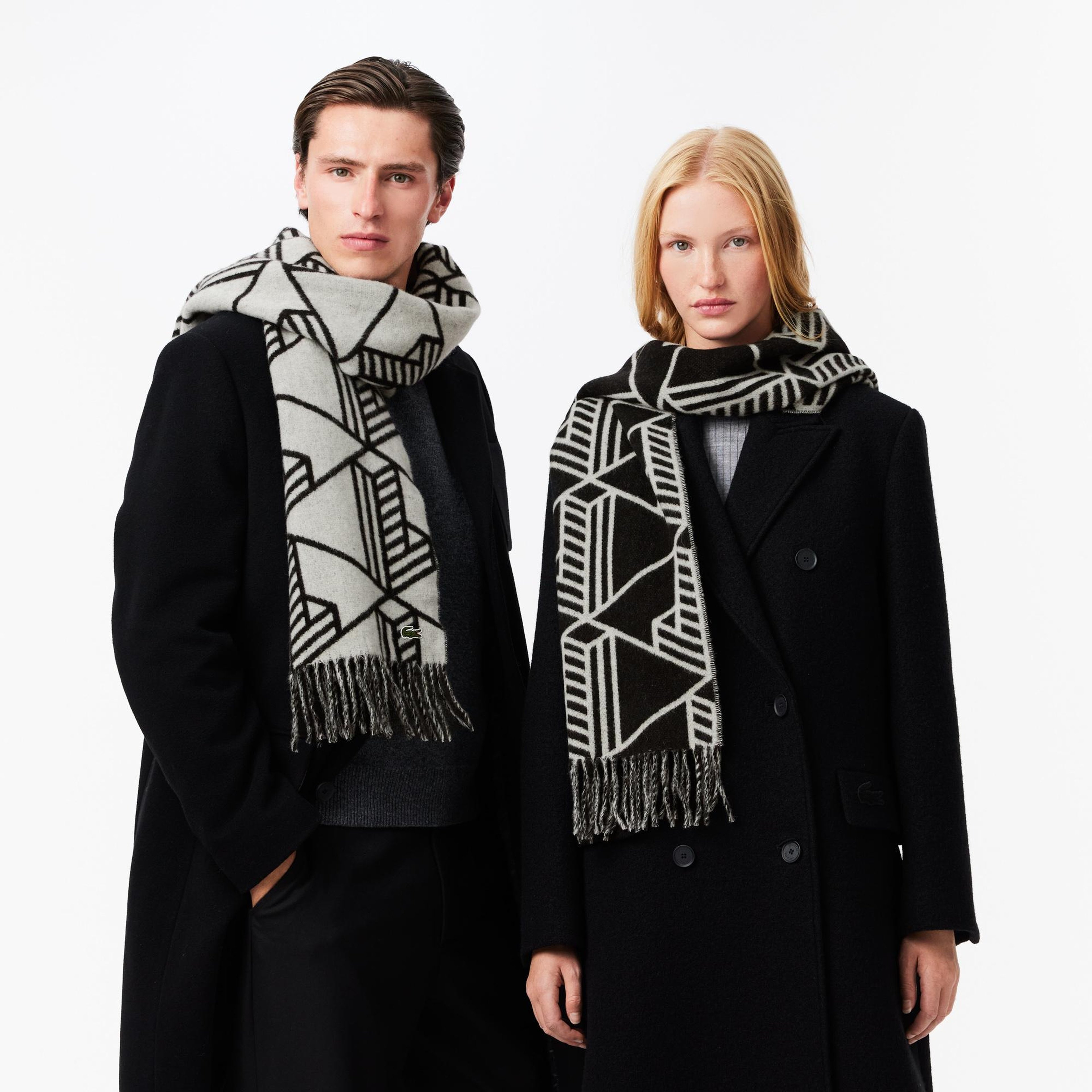Unisex Monogram Çift Taraflı Siyah Yün Karışımlı Atkı