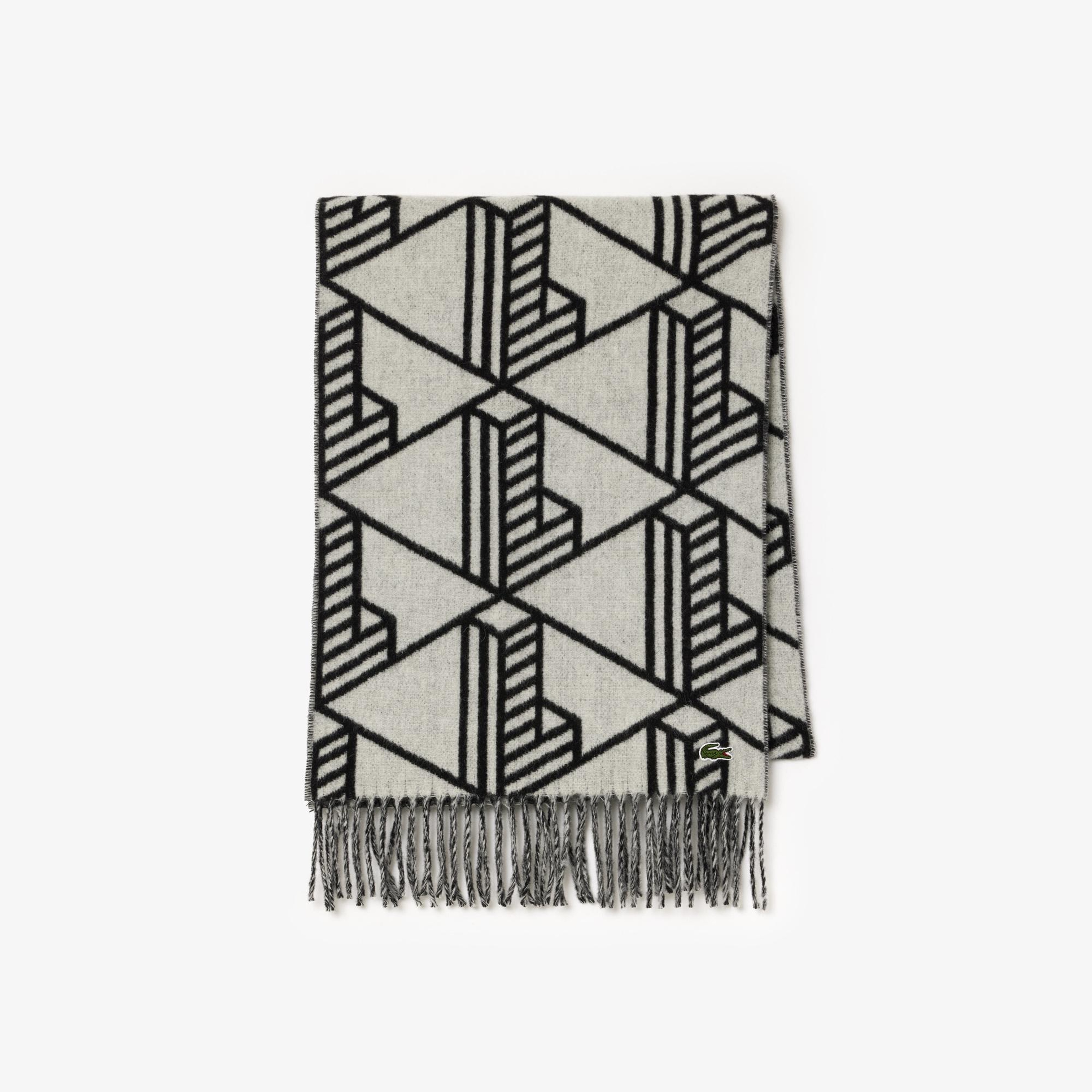 Unisex Monogram Çift Taraflı Siyah Yün Karışımlı Atkı