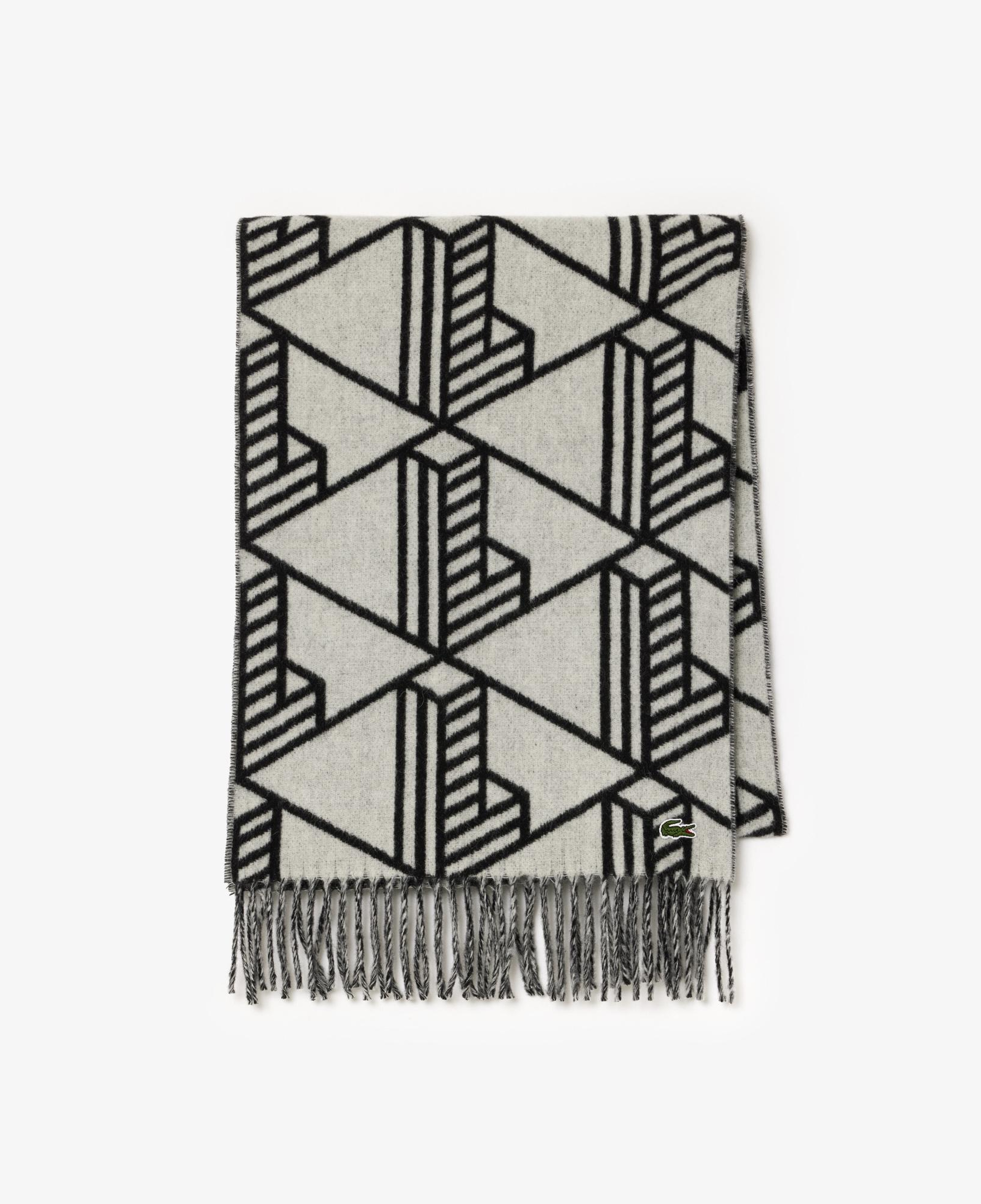 Unisex Monogram Çift Taraflı Siyah Yün Karışımlı Atkı