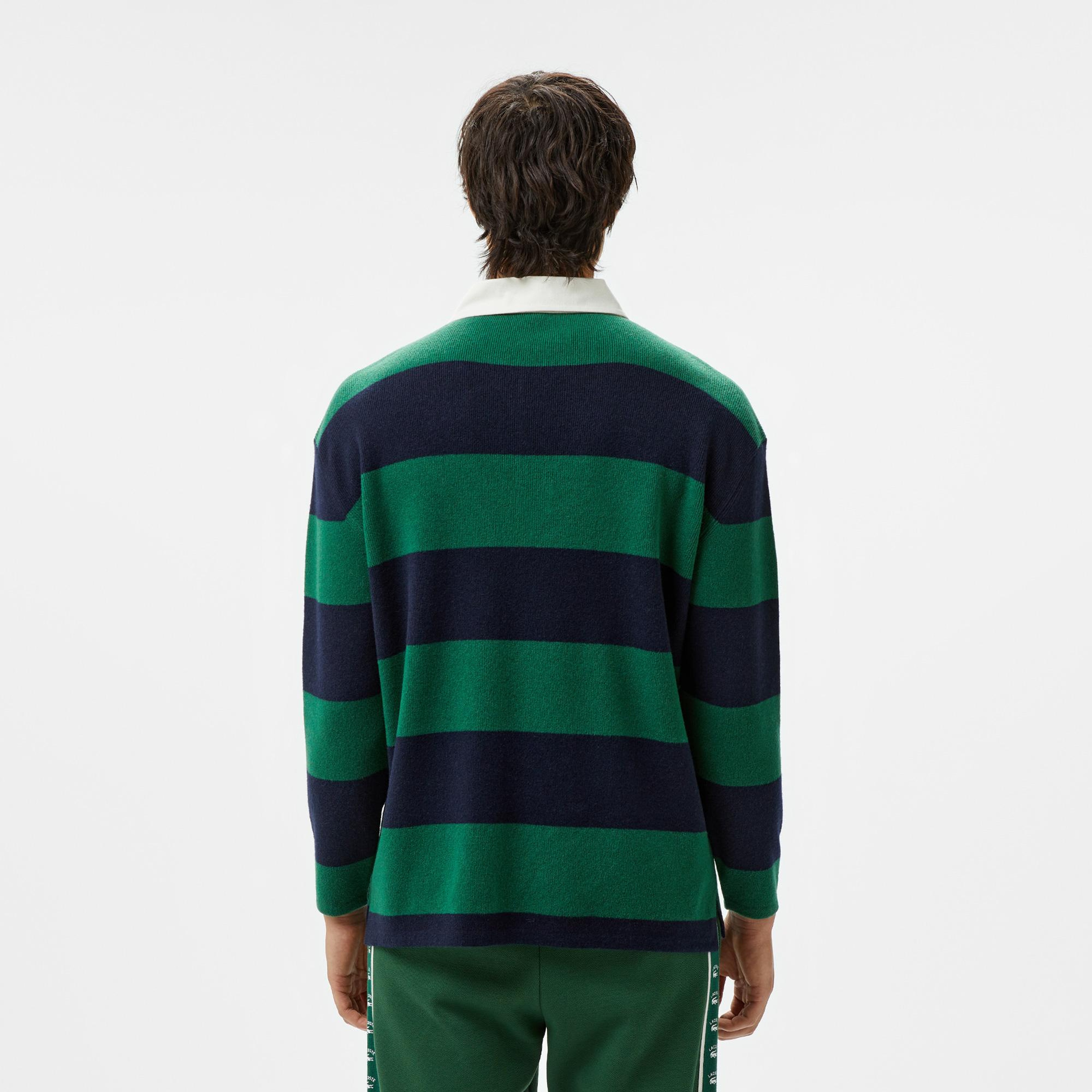 Erkek Loose Fit Polo Yaka Renk Bloklu Lacivert Yün Karışımlı Triko
