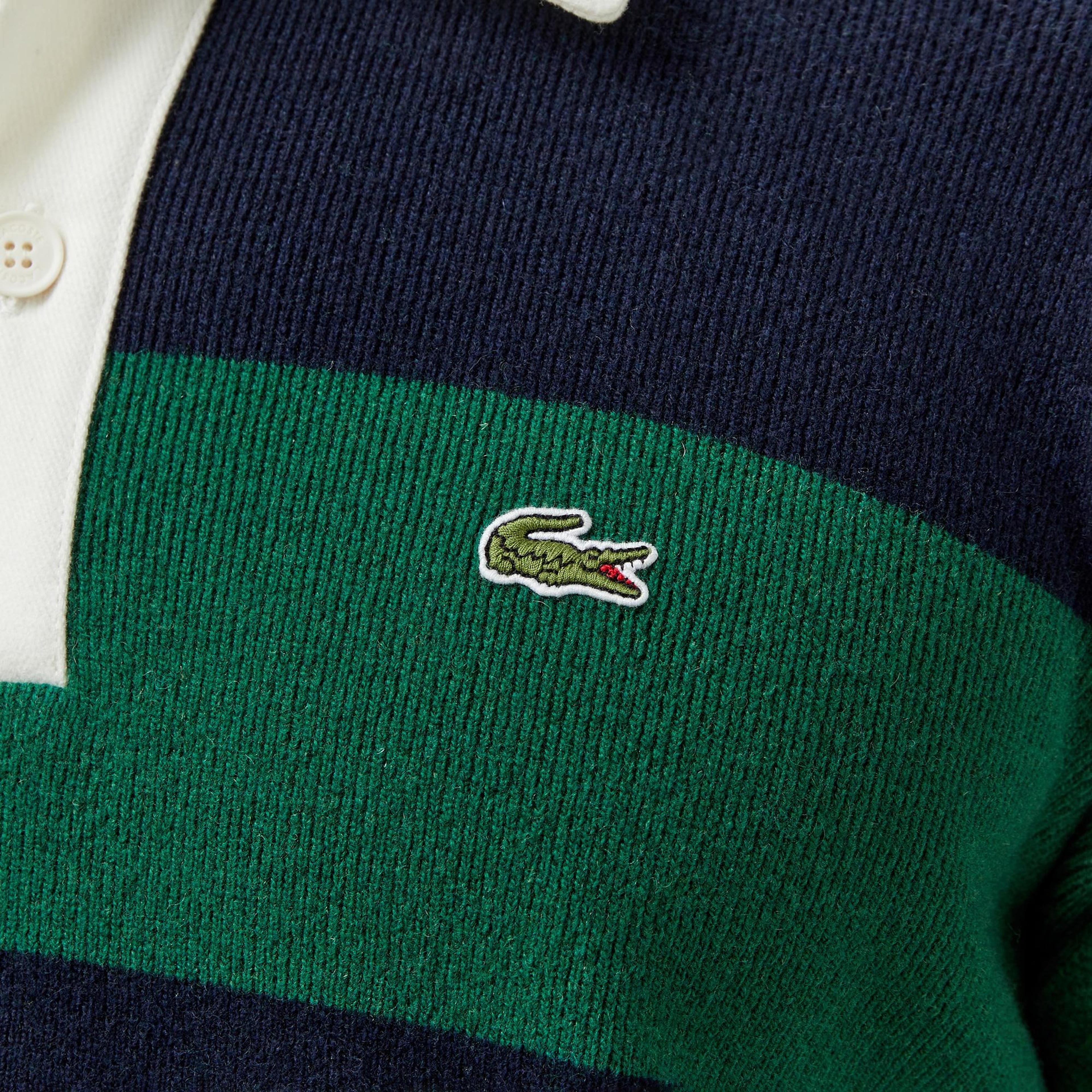 Erkek Loose Fit Polo Yaka Renk Bloklu Lacivert Yün Karışımlı Triko