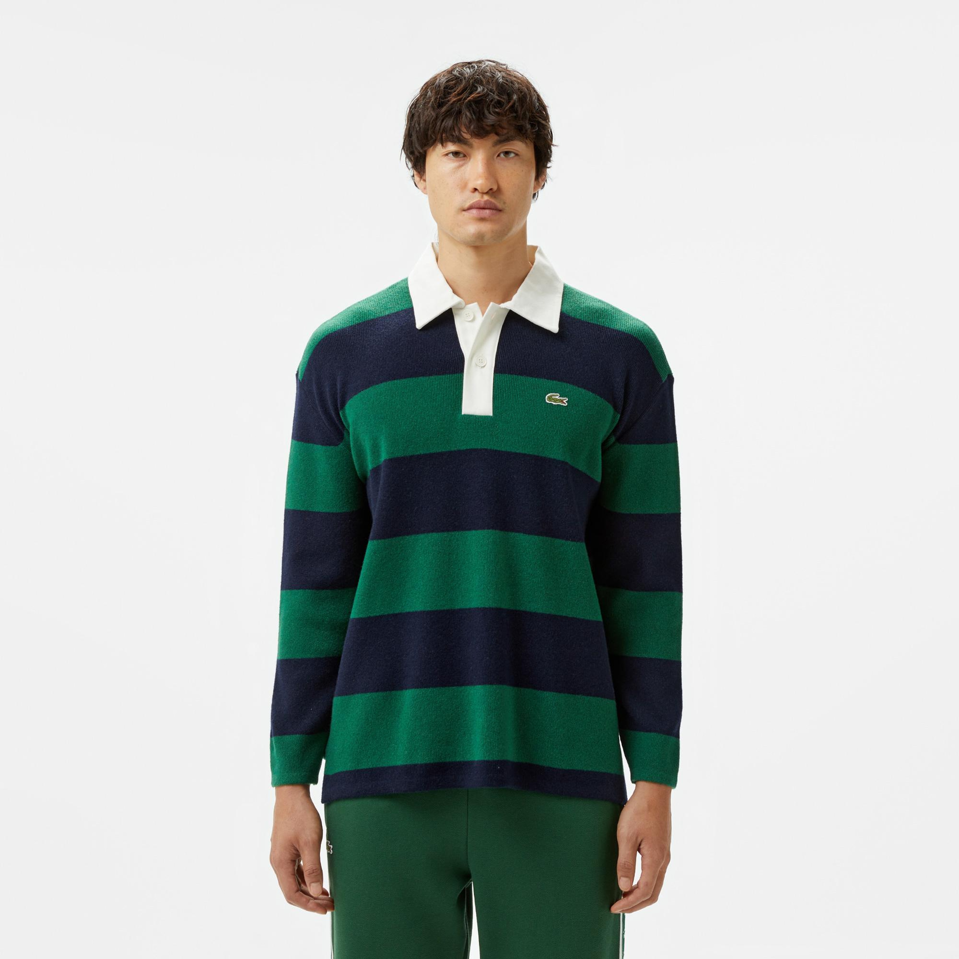 Erkek Loose Fit Polo Yaka Renk Bloklu Lacivert Yün Karışımlı Triko