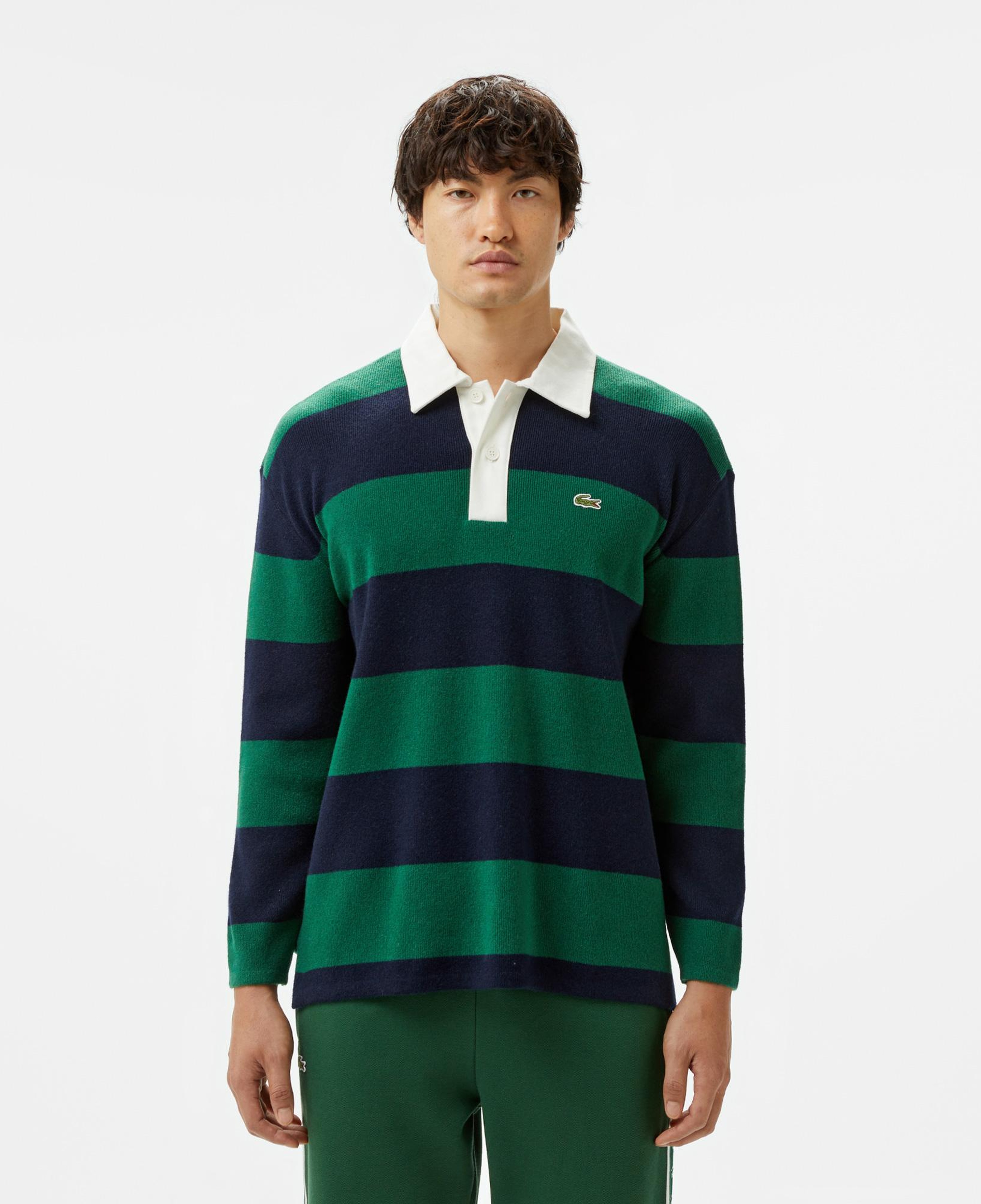 Erkek Loose Fit Polo Yaka Renk Bloklu Lacivert Yün Karışımlı Triko