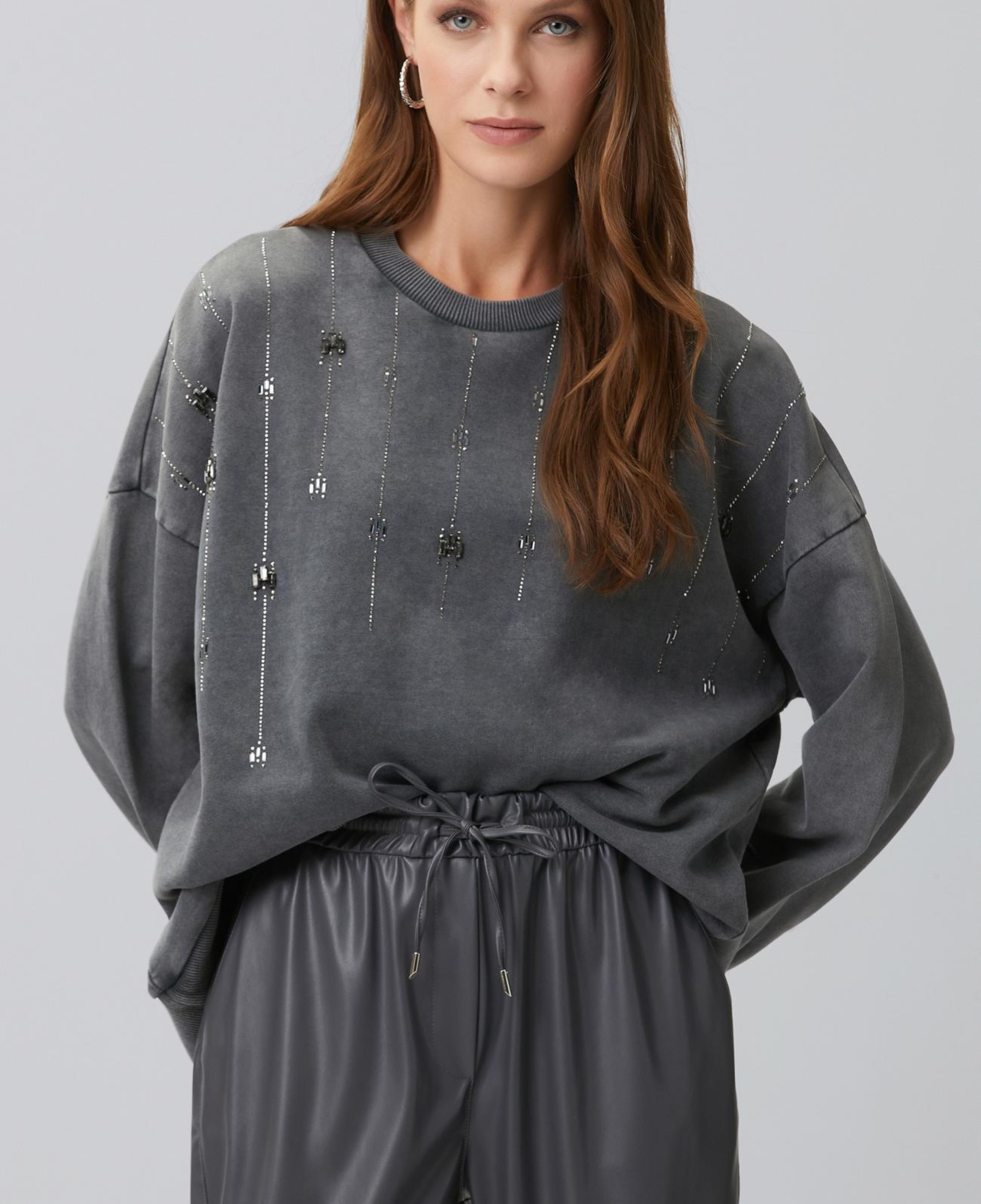 Network Kadın Antrasit Taş Detaylı Yıkamalı Sweatshirt