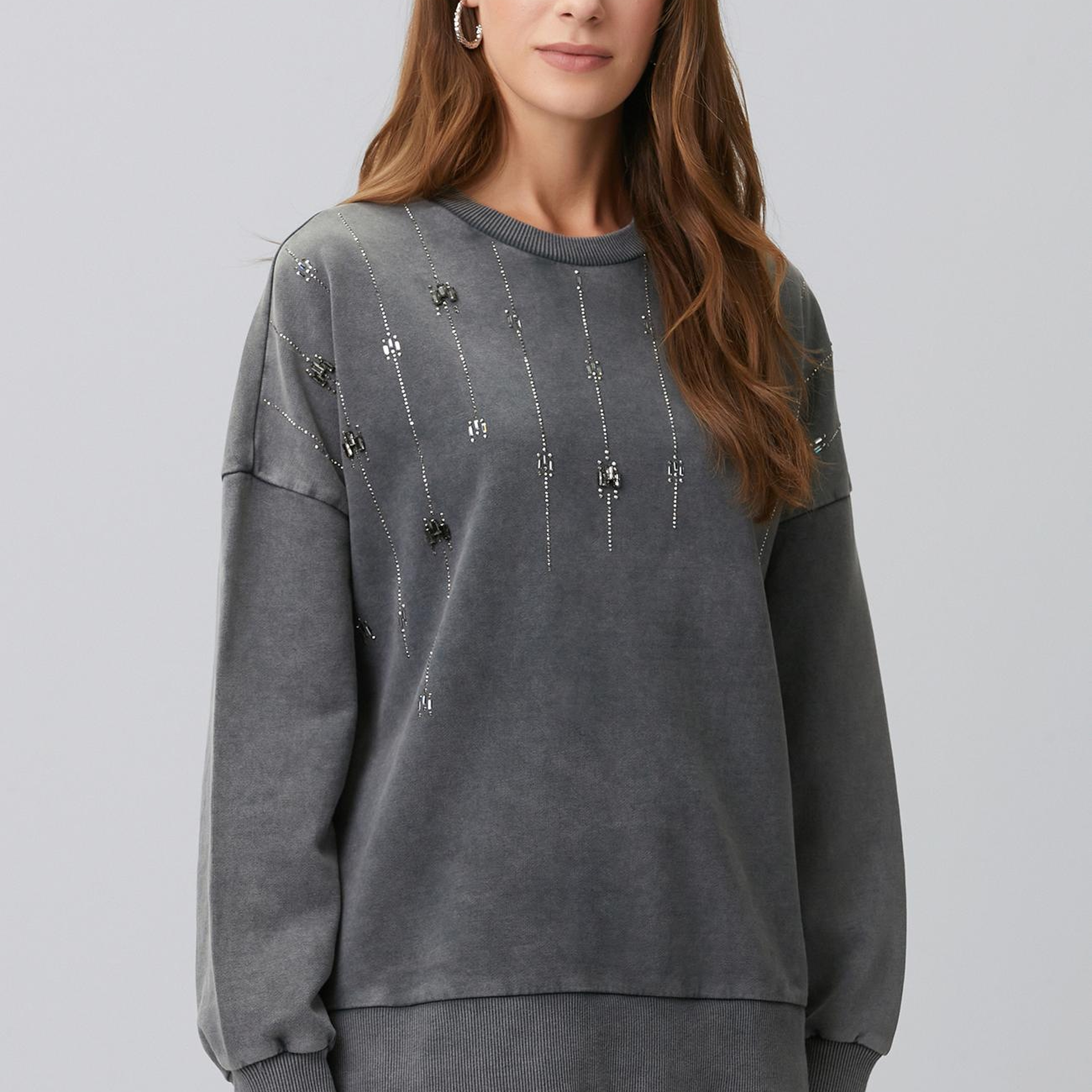 Network Kadın Antrasit Taş Detaylı Yıkamalı Sweatshirt