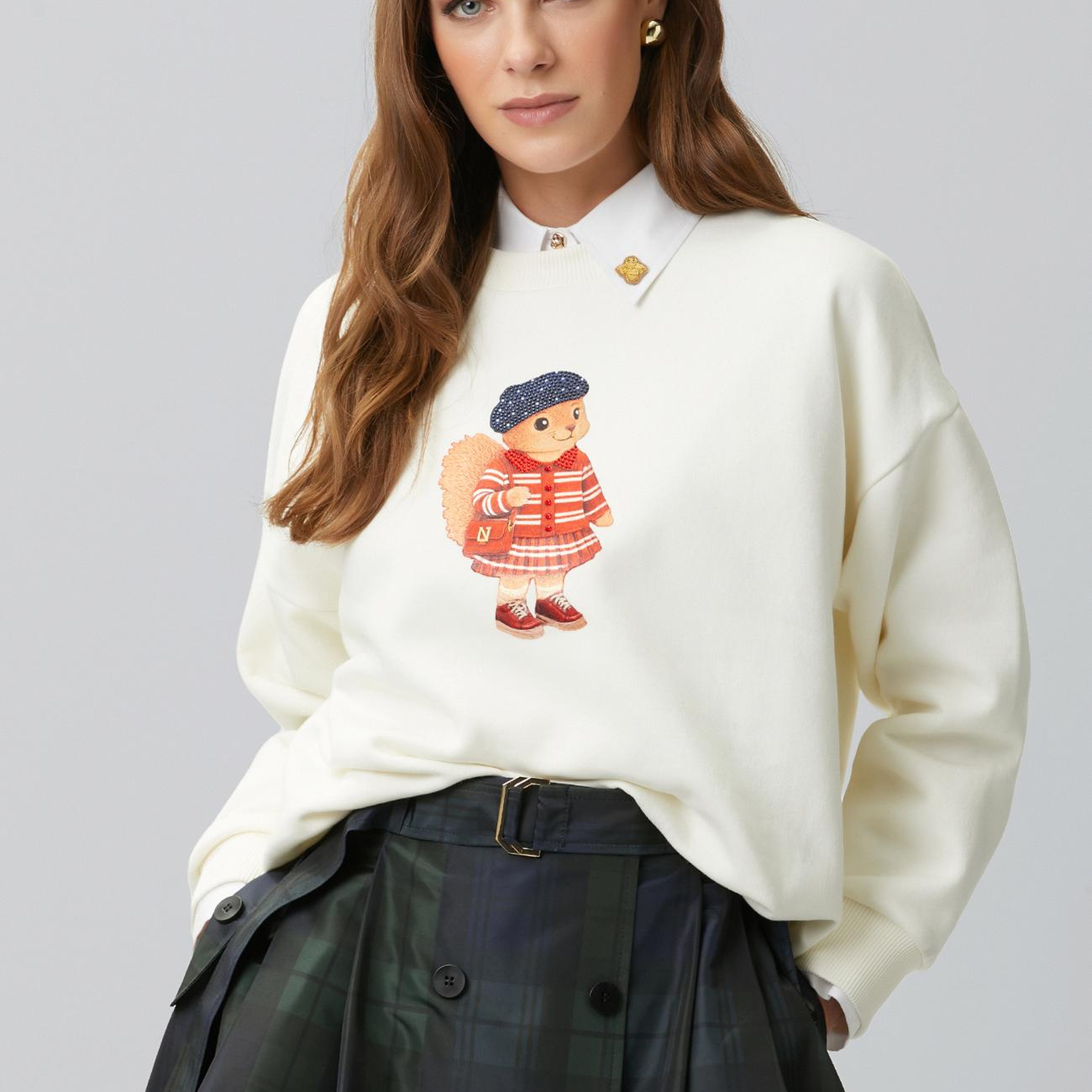 Network Kadın Kırık Beyaz Sincap Figürlü Baskılı Sweatshirt