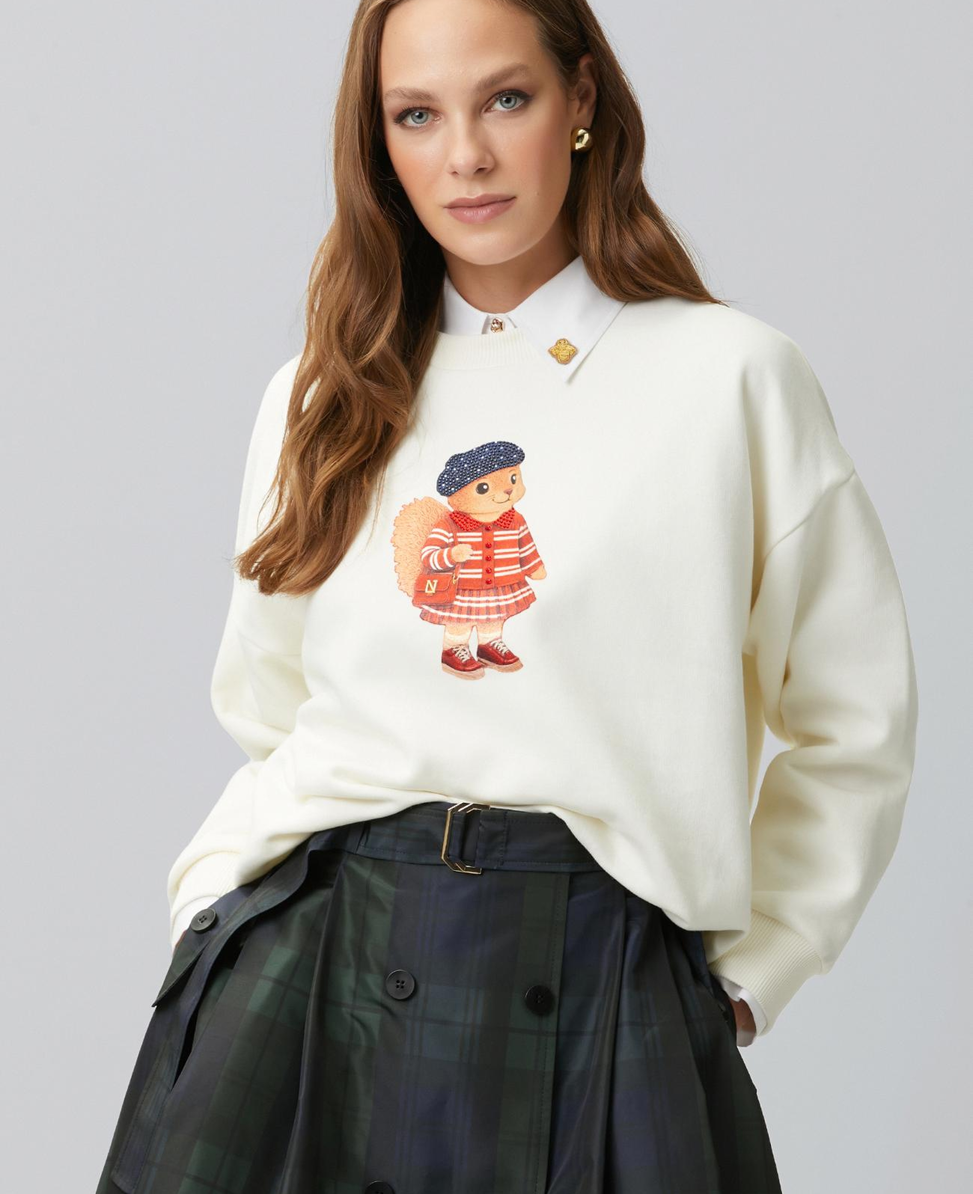 Network Kadın Kırık Beyaz Sincap Figürlü Baskılı Sweatshirt