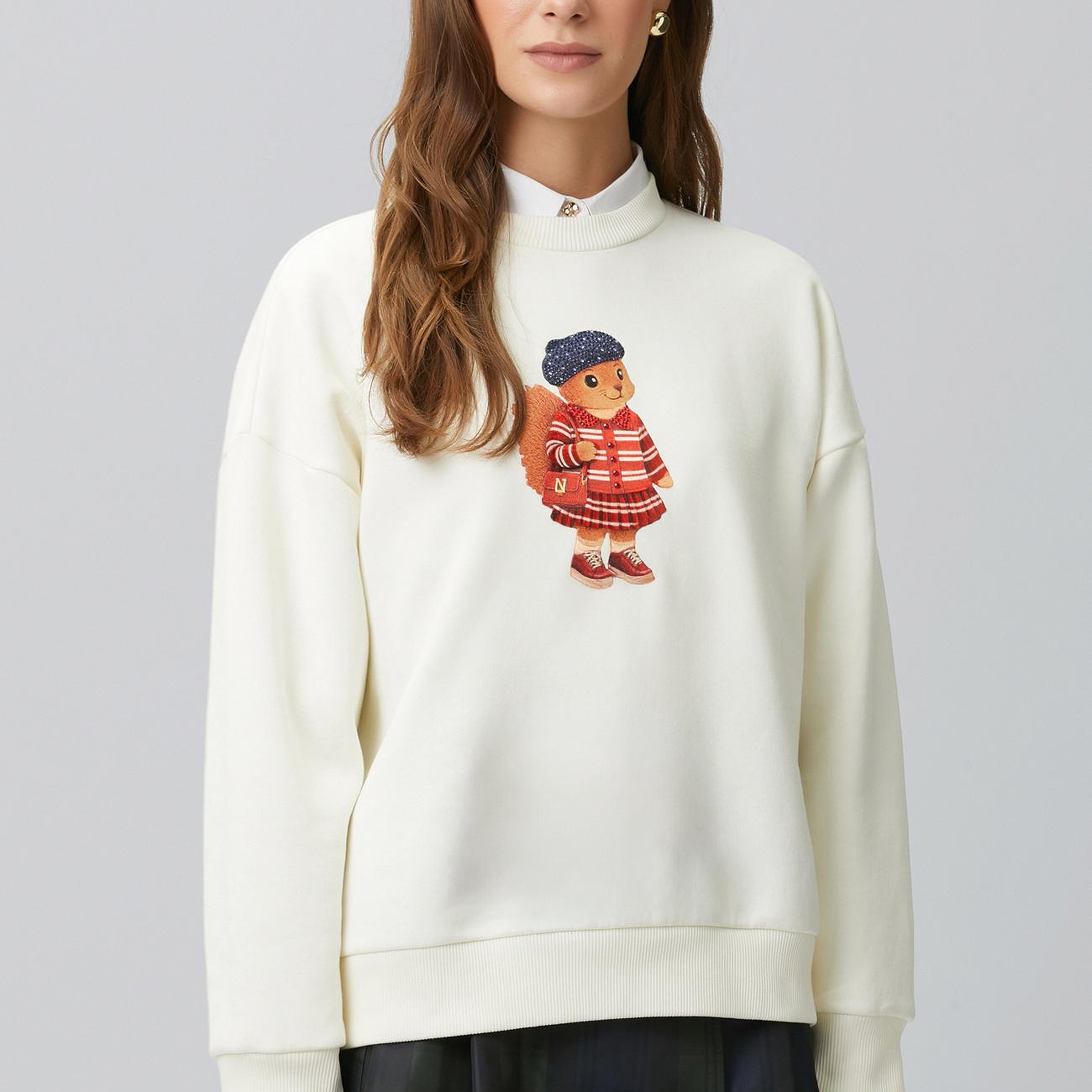 Network Kadın Kırık Beyaz Sincap Figürlü Baskılı Sweatshirt