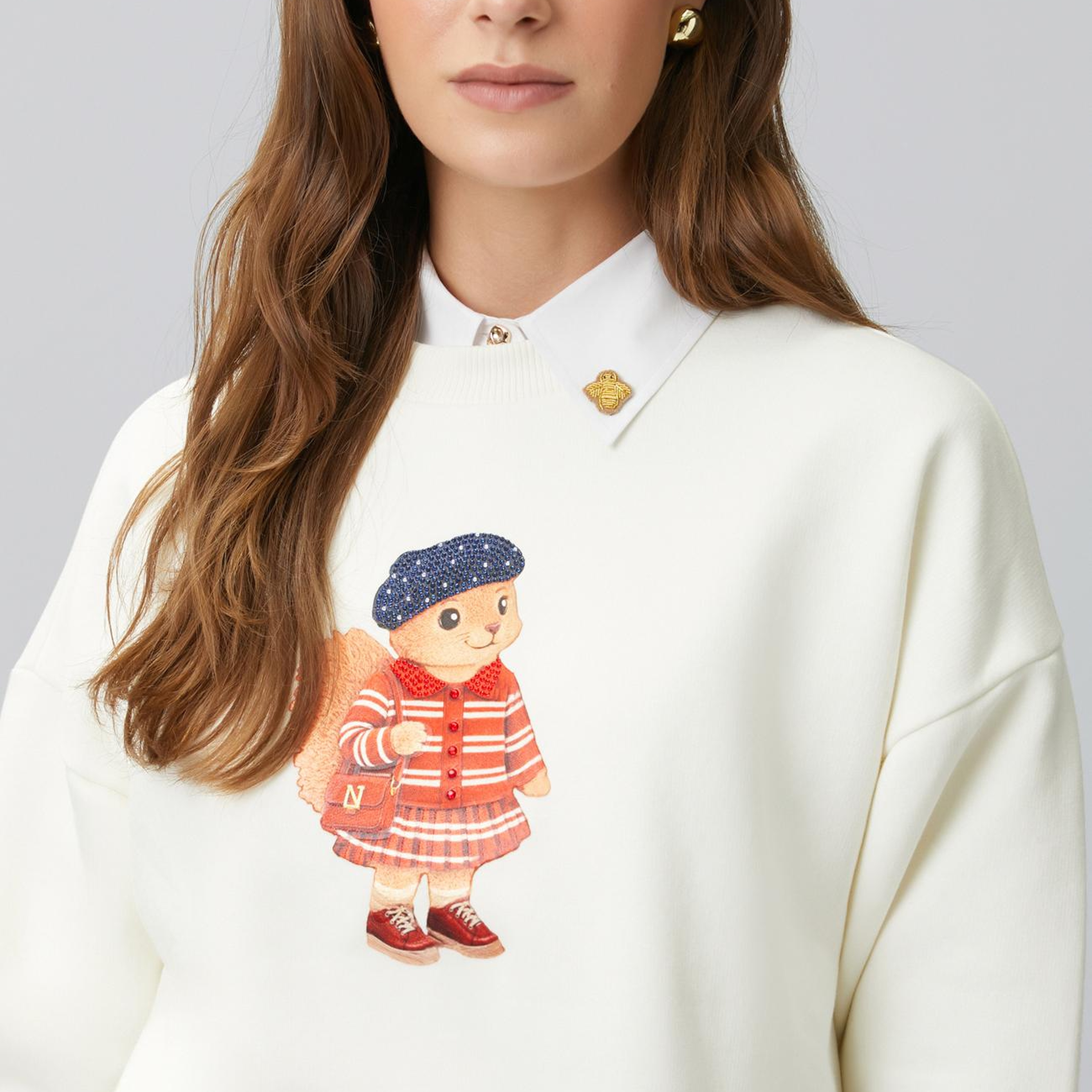 Network Kadın Kırık Beyaz Sincap Figürlü Baskılı Sweatshirt