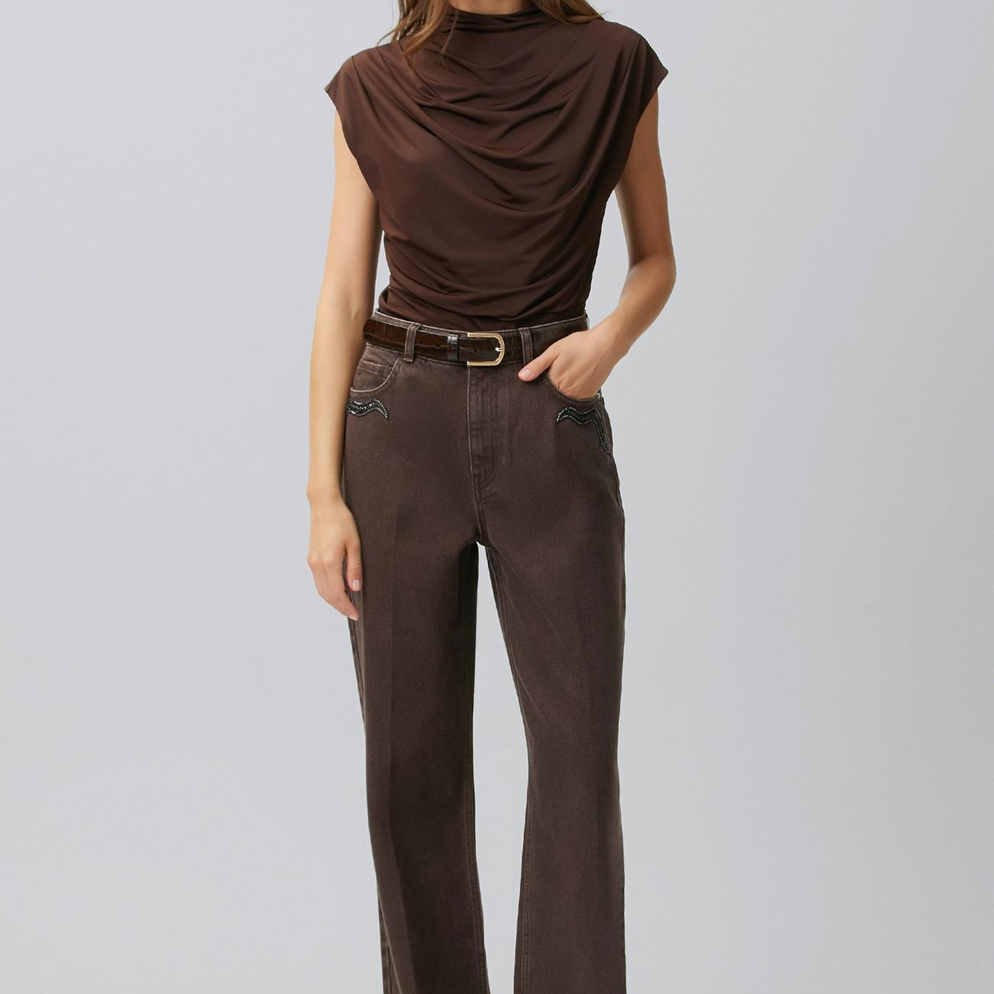 Network Kadın Acı Kahve Drape Detaylı Örme Bluz