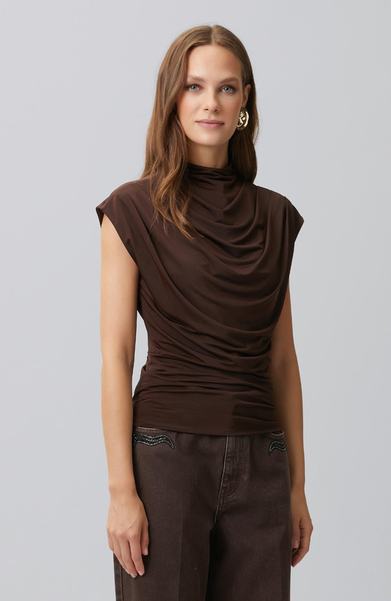 Network Kadın Acı Kahve Drape Detaylı Örme Bluz