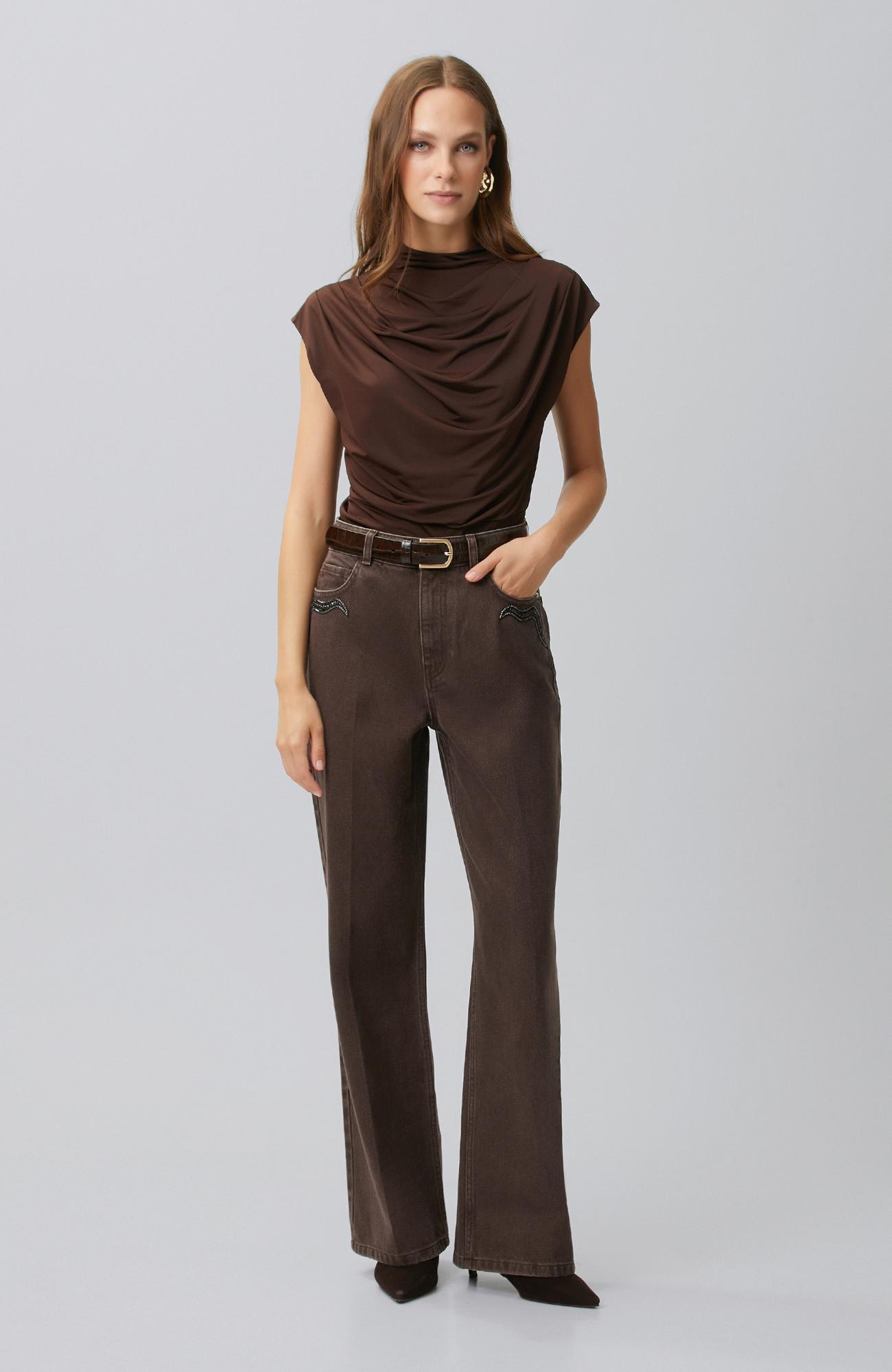 Network Kadın Acı Kahve Drape Detaylı Örme Bluz