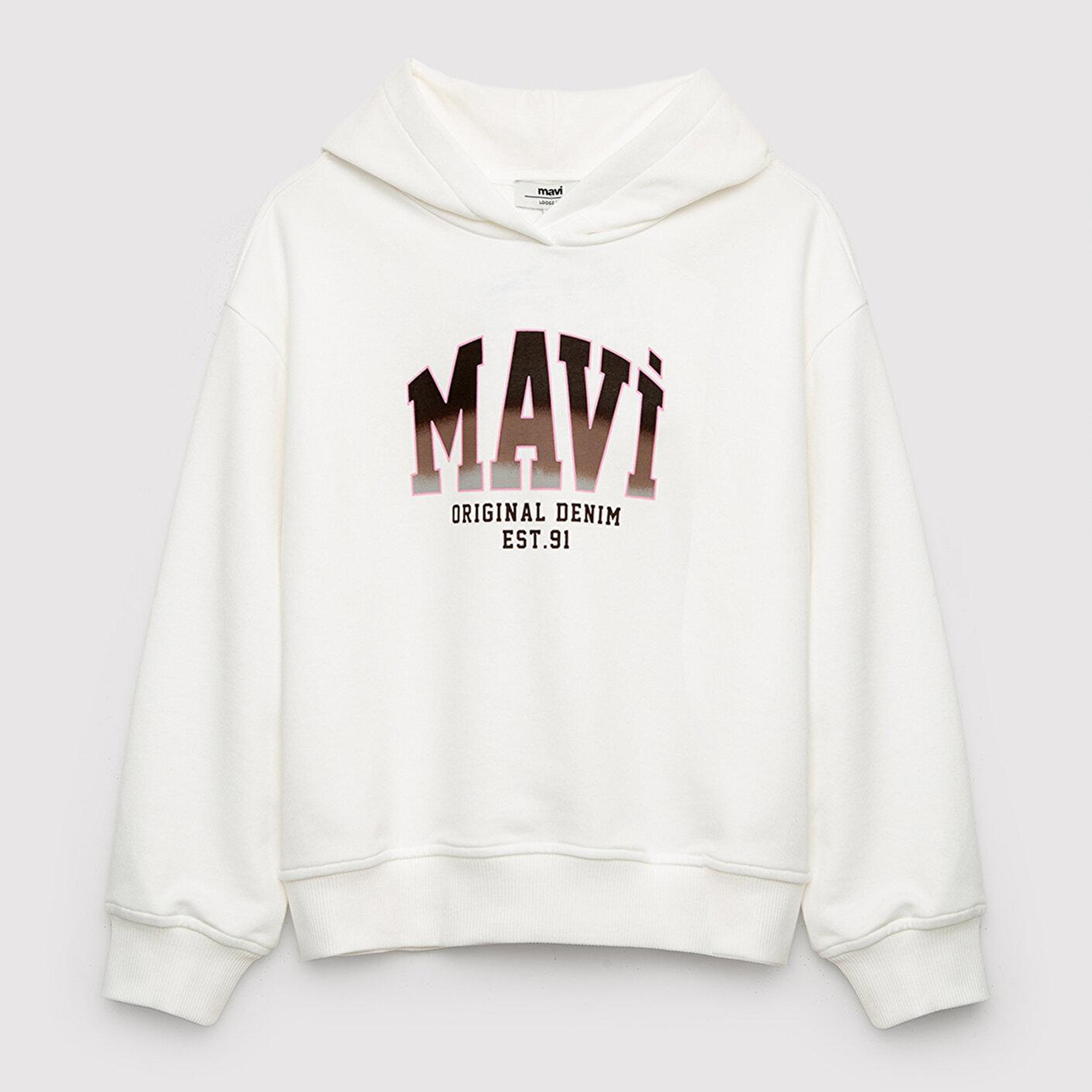 Mavi Mavi Logo Baskılı Kapüşonlu Ekru Sweatshirt 7S10179-70057
