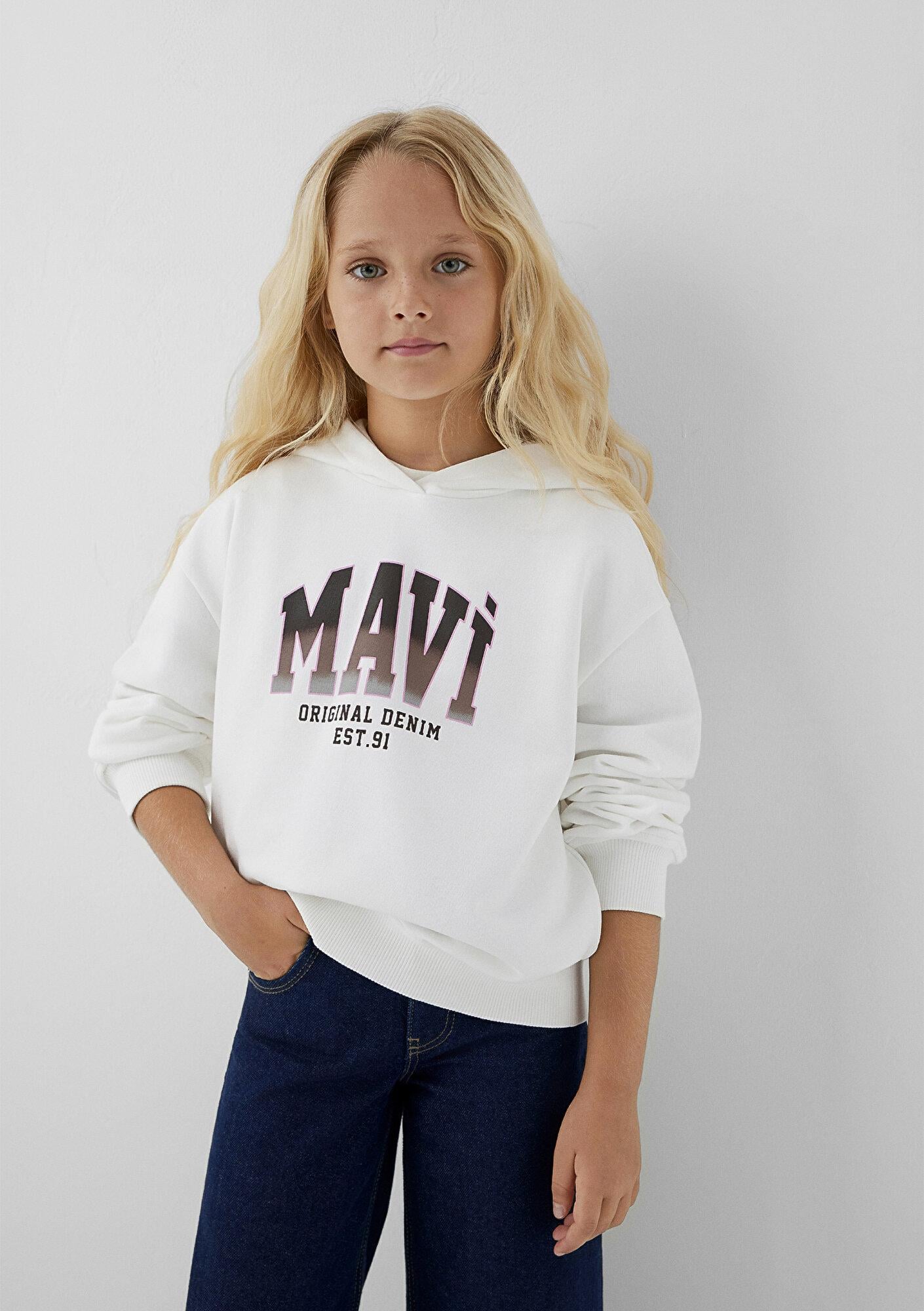 Mavi Mavi Logo Baskılı Kapüşonlu Ekru Sweatshirt 7S10179-70057