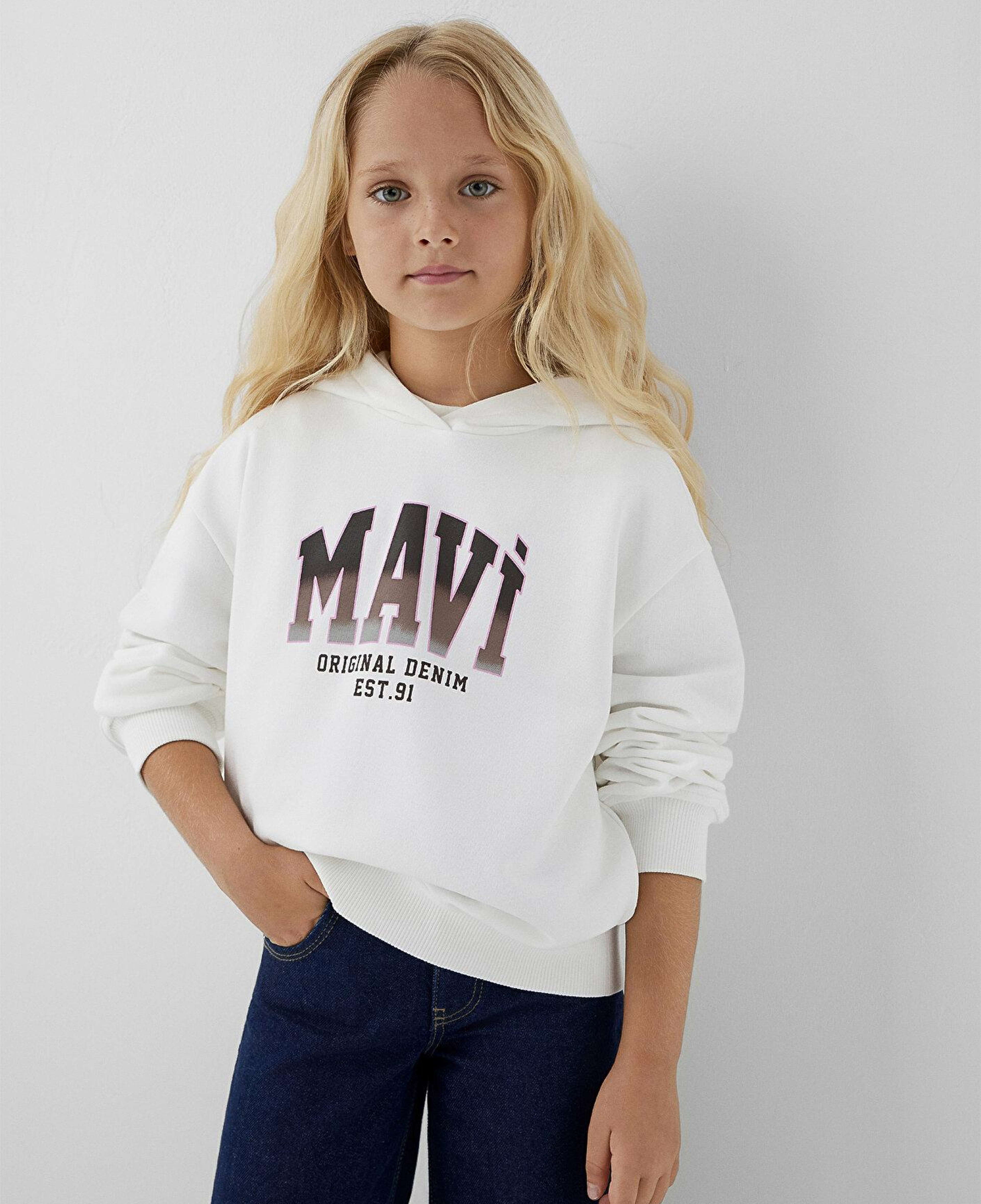 Mavi Mavi Logo Baskılı Kapüşonlu Ekru Sweatshirt 7S10179-70057