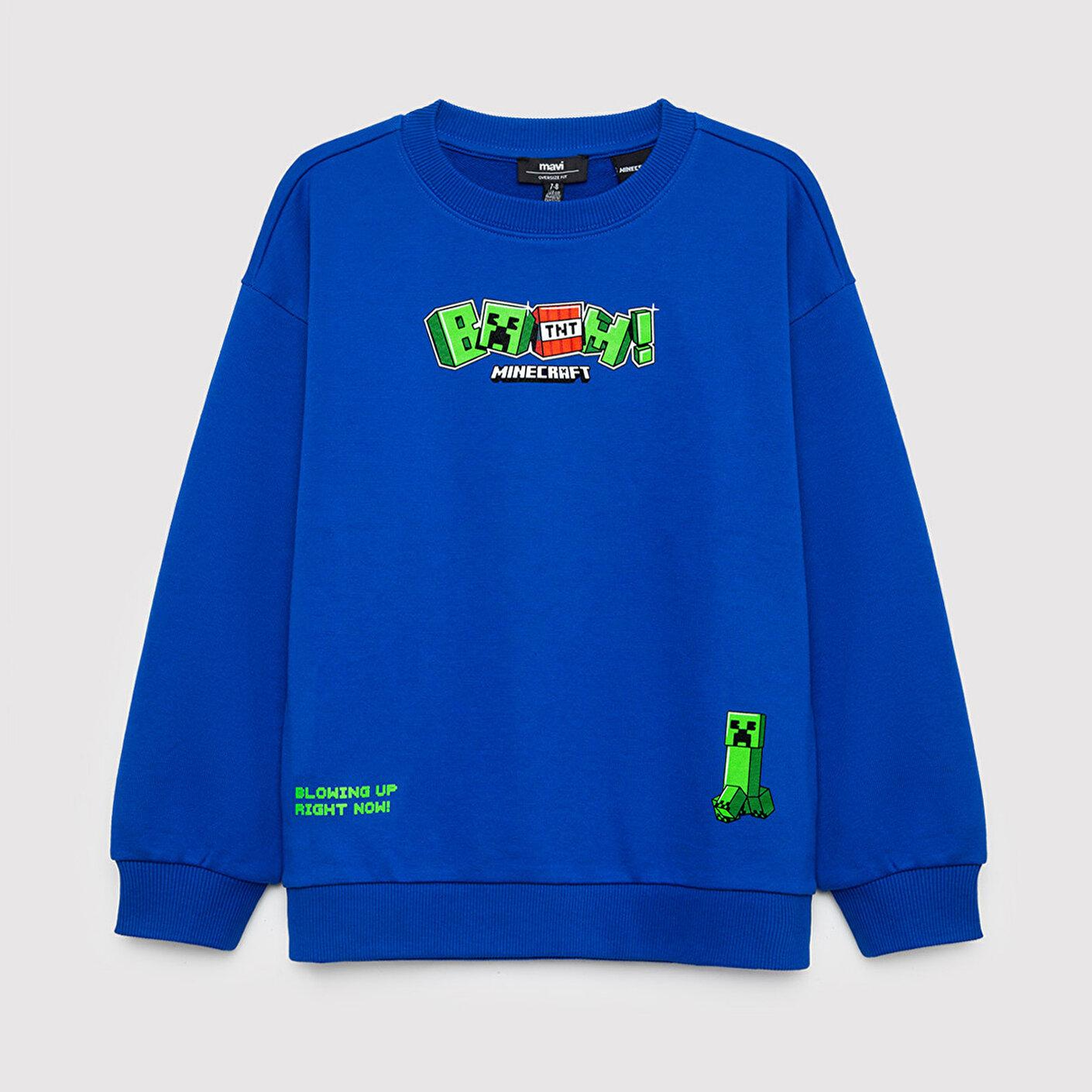 Mavi Minecraft Baskılı Kapüşonsuz Sweatshirt 6S10191-70896