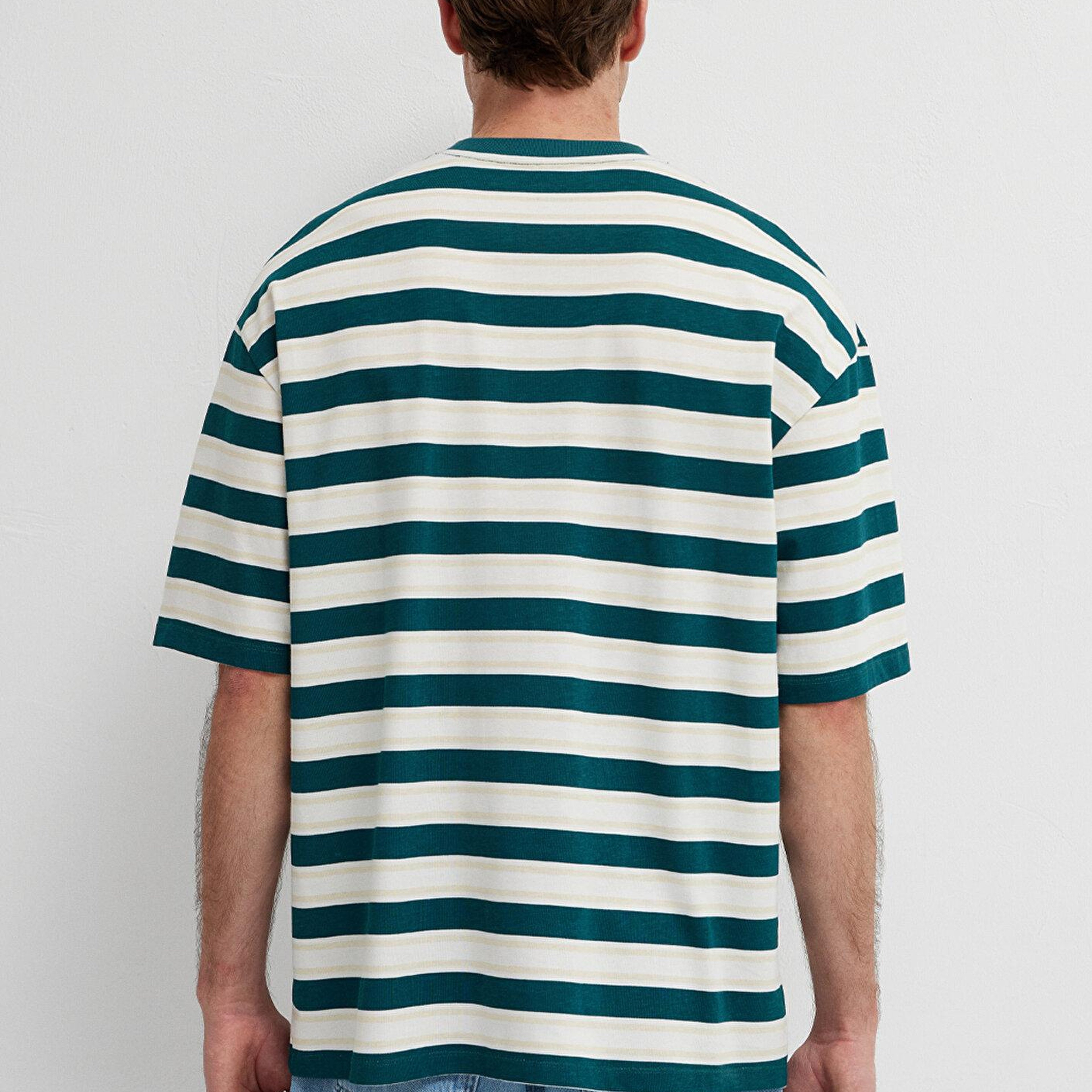 Mavi Çizgili Tişört Oversize / Geniş Kesim 0613505-70057