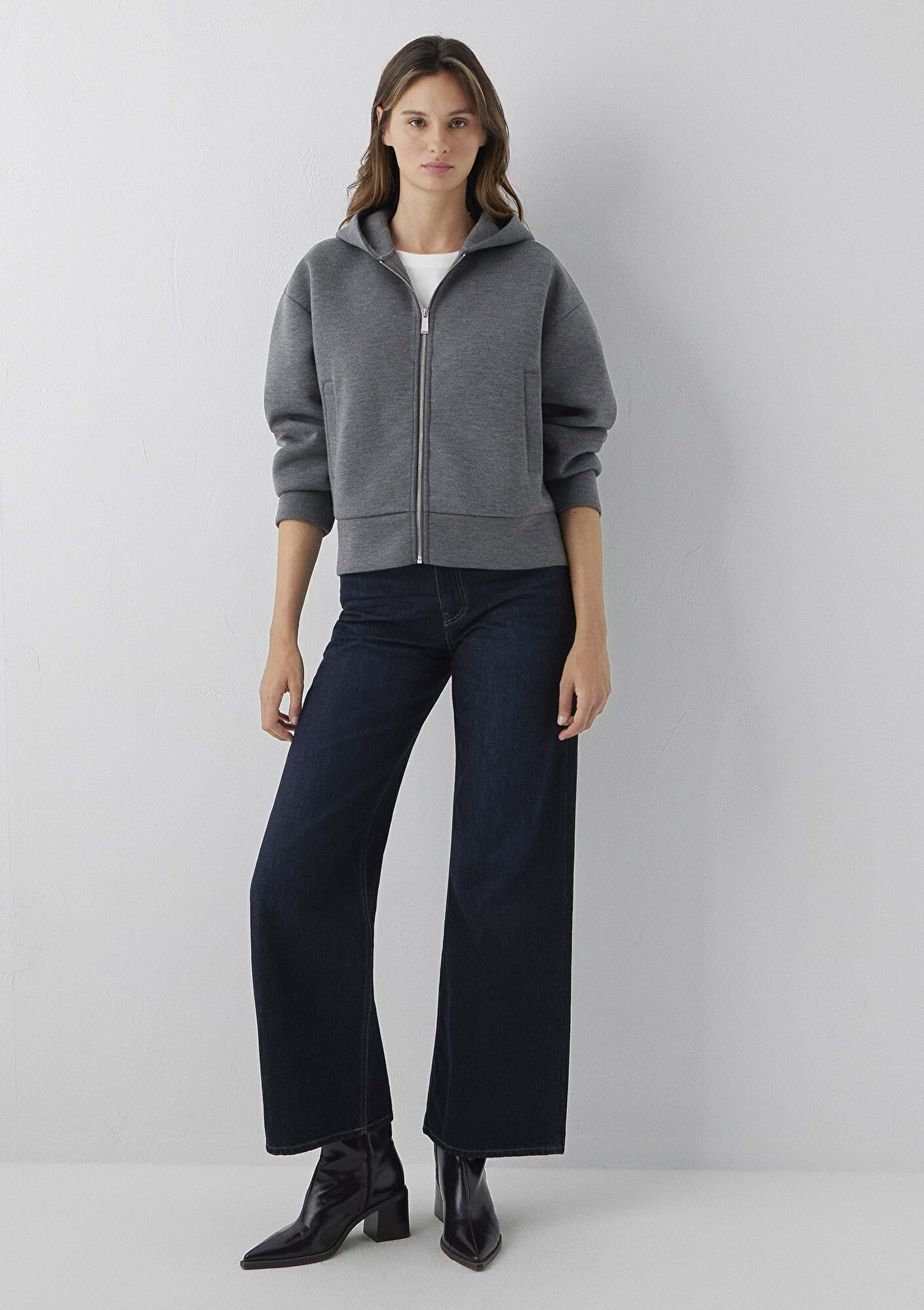 Mavi Kapüşonlu Fermuarlı Gri Sweatshirt 1S10551-87829