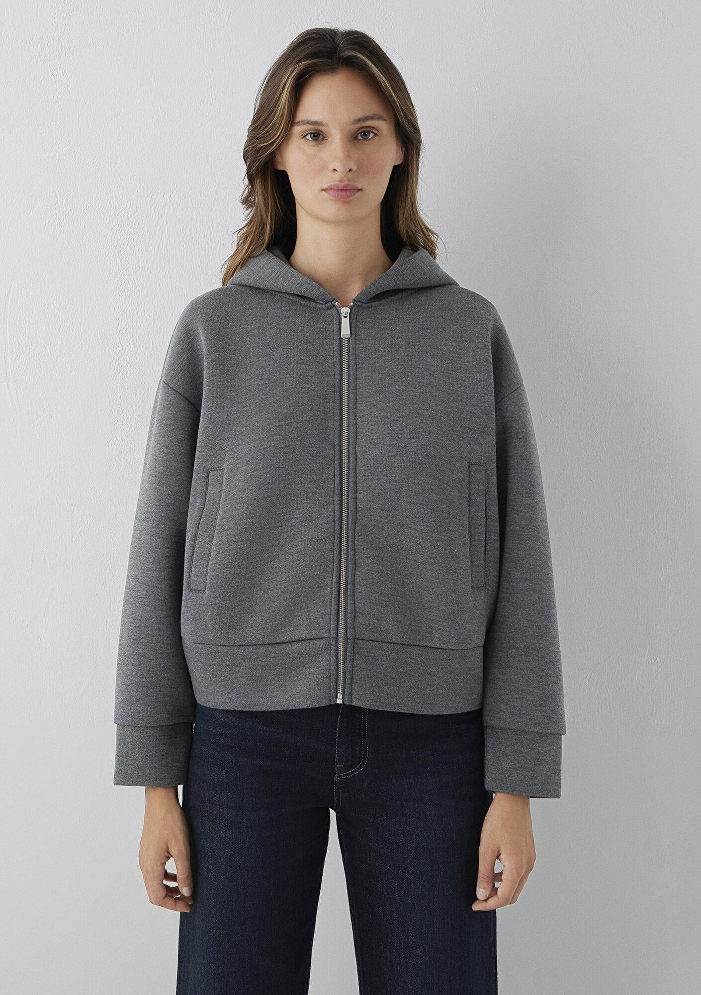 Mavi Kapüşonlu Fermuarlı Gri Sweatshirt 1S10551-87829