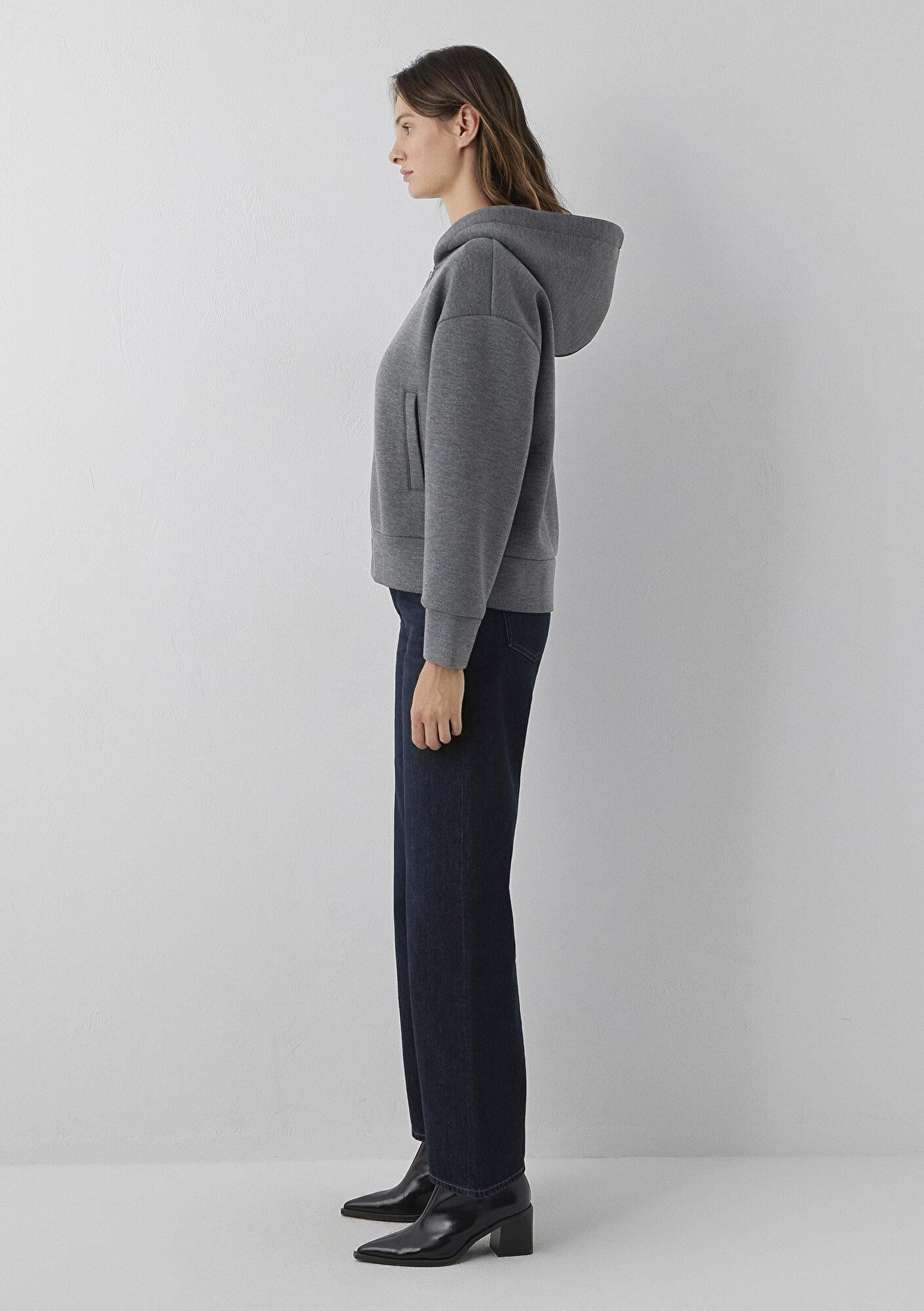 Mavi Kapüşonlu Fermuarlı Gri Sweatshirt 1S10551-87829