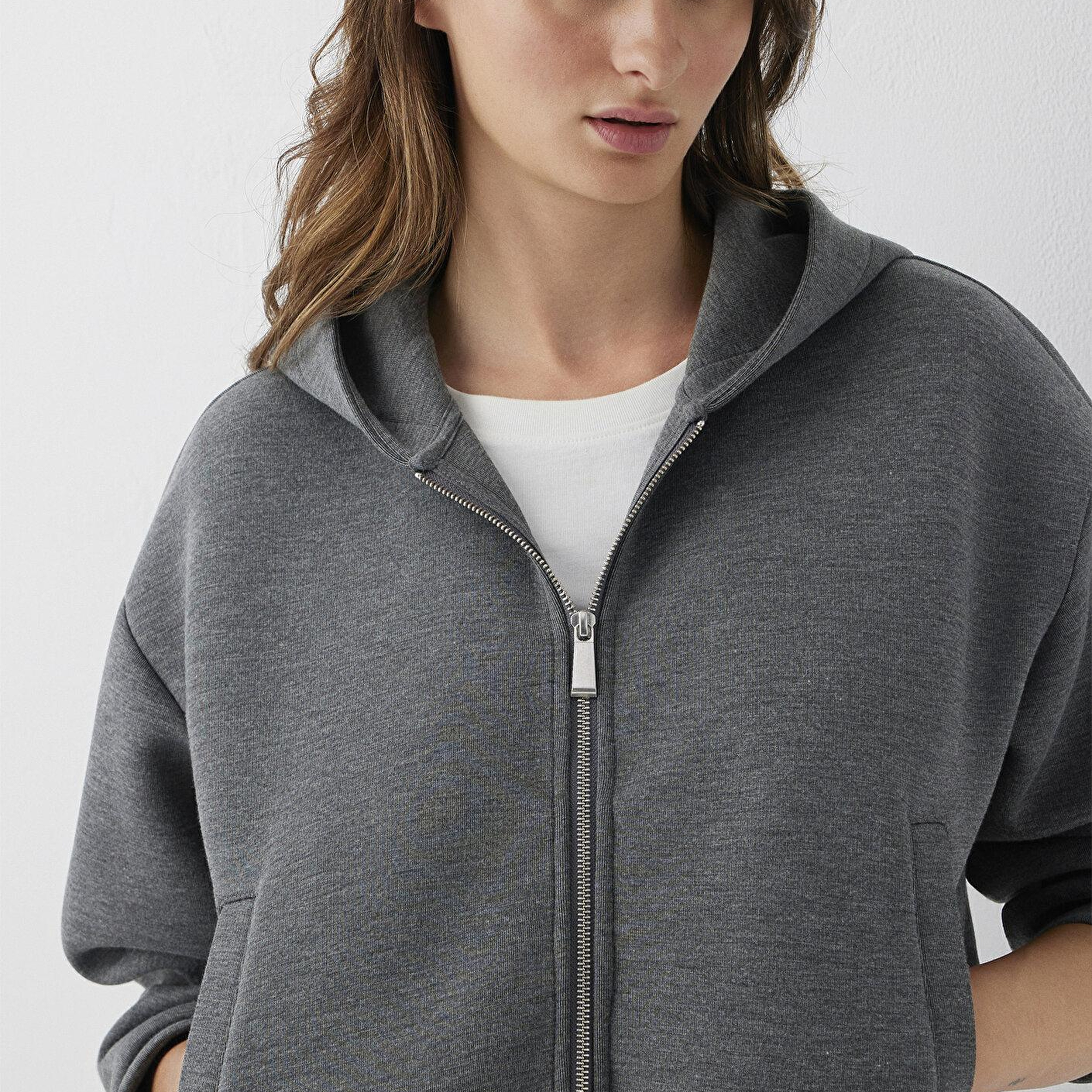 Mavi Kapüşonlu Fermuarlı Gri Sweatshirt 1S10551-87829