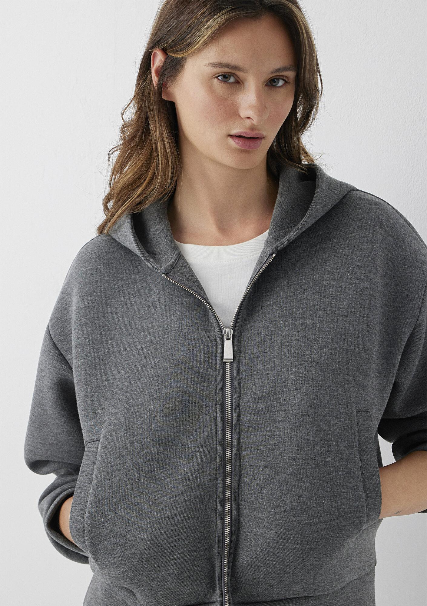 Mavi Kapüşonlu Fermuarlı Gri Sweatshirt 1S10551-87829
