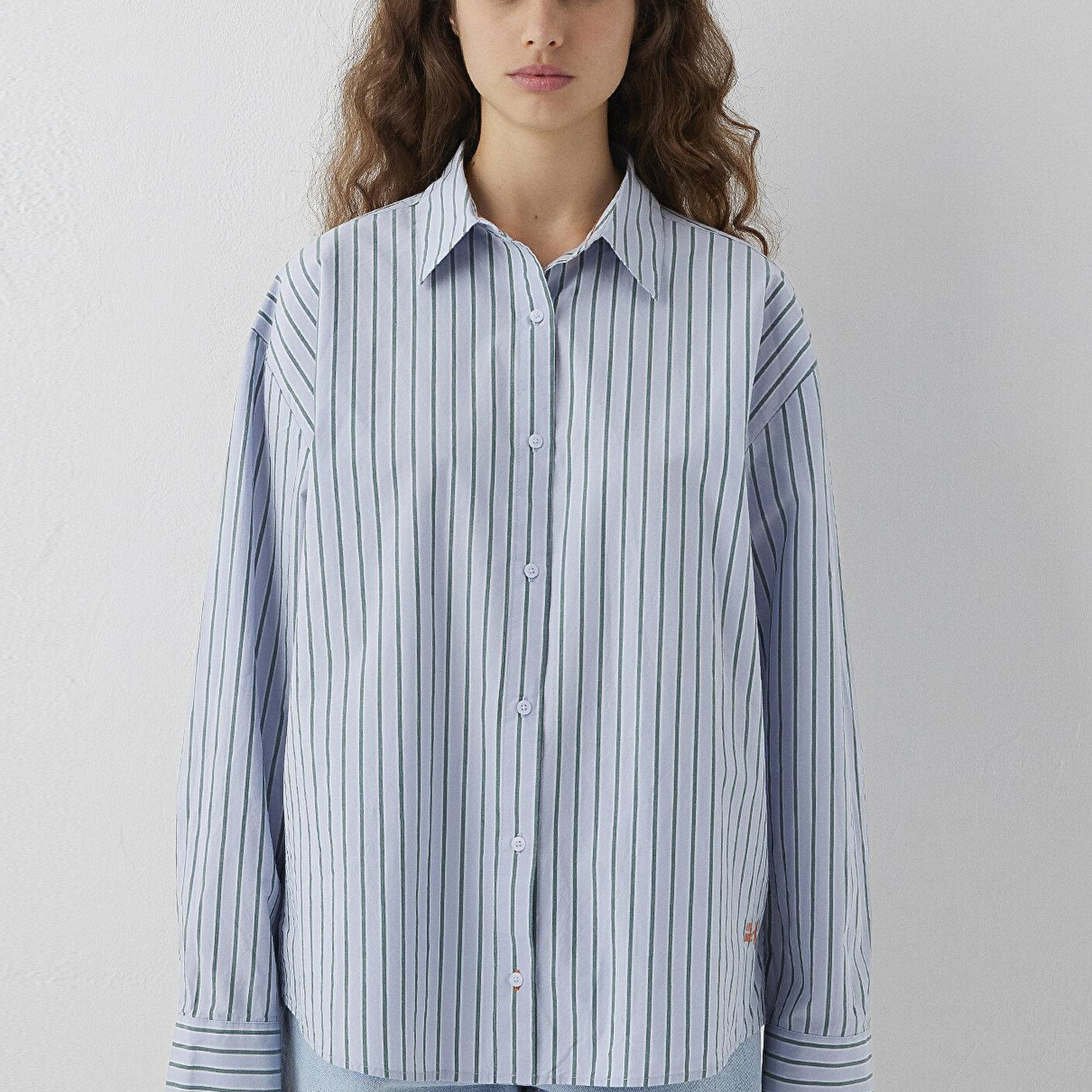 Mavi Çizgili Gömlek Oversize / Geniş Kesim 1211567-84005