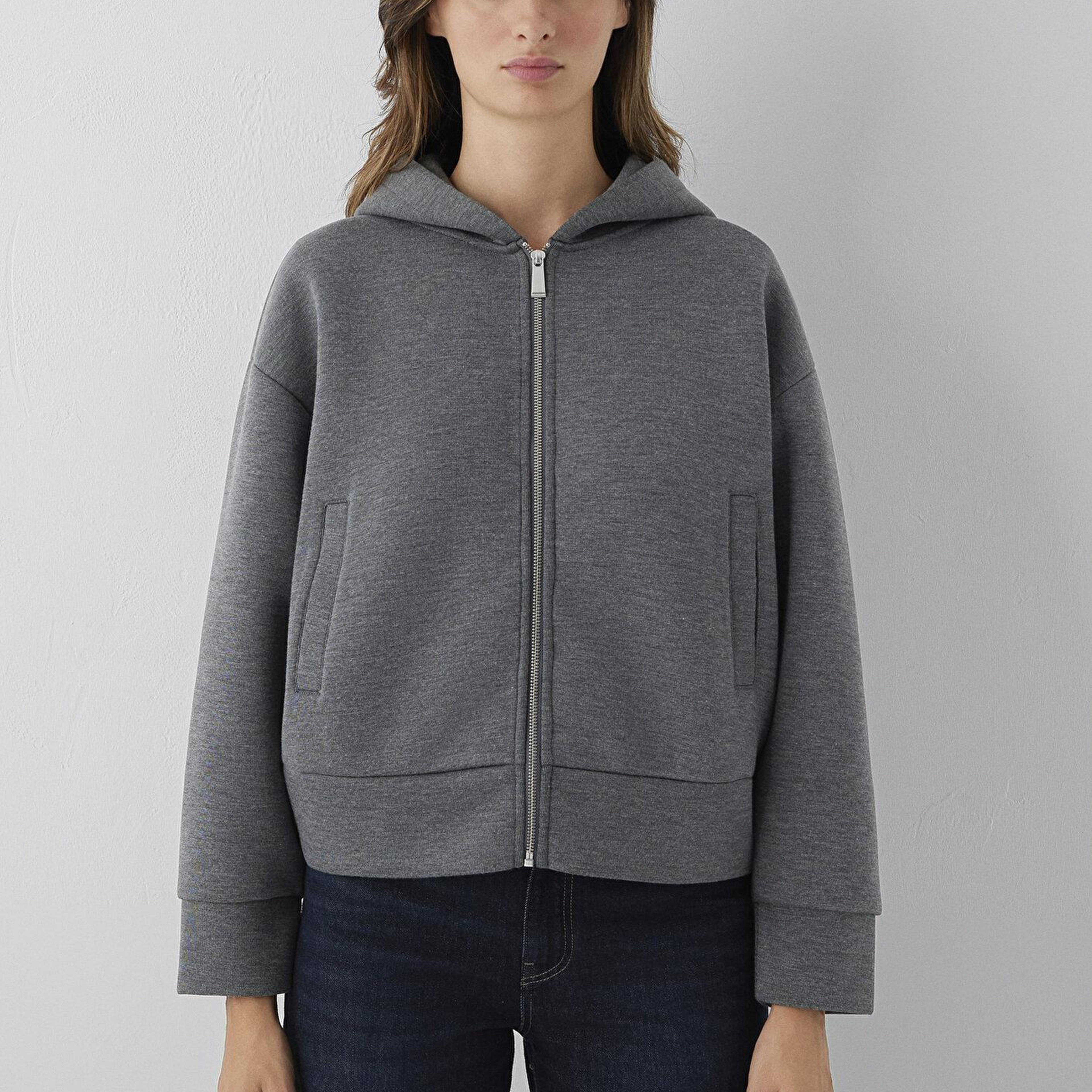 Mavi Kapüşonlu Fermuarlı Gri Sweatshirt 1S10551-87829