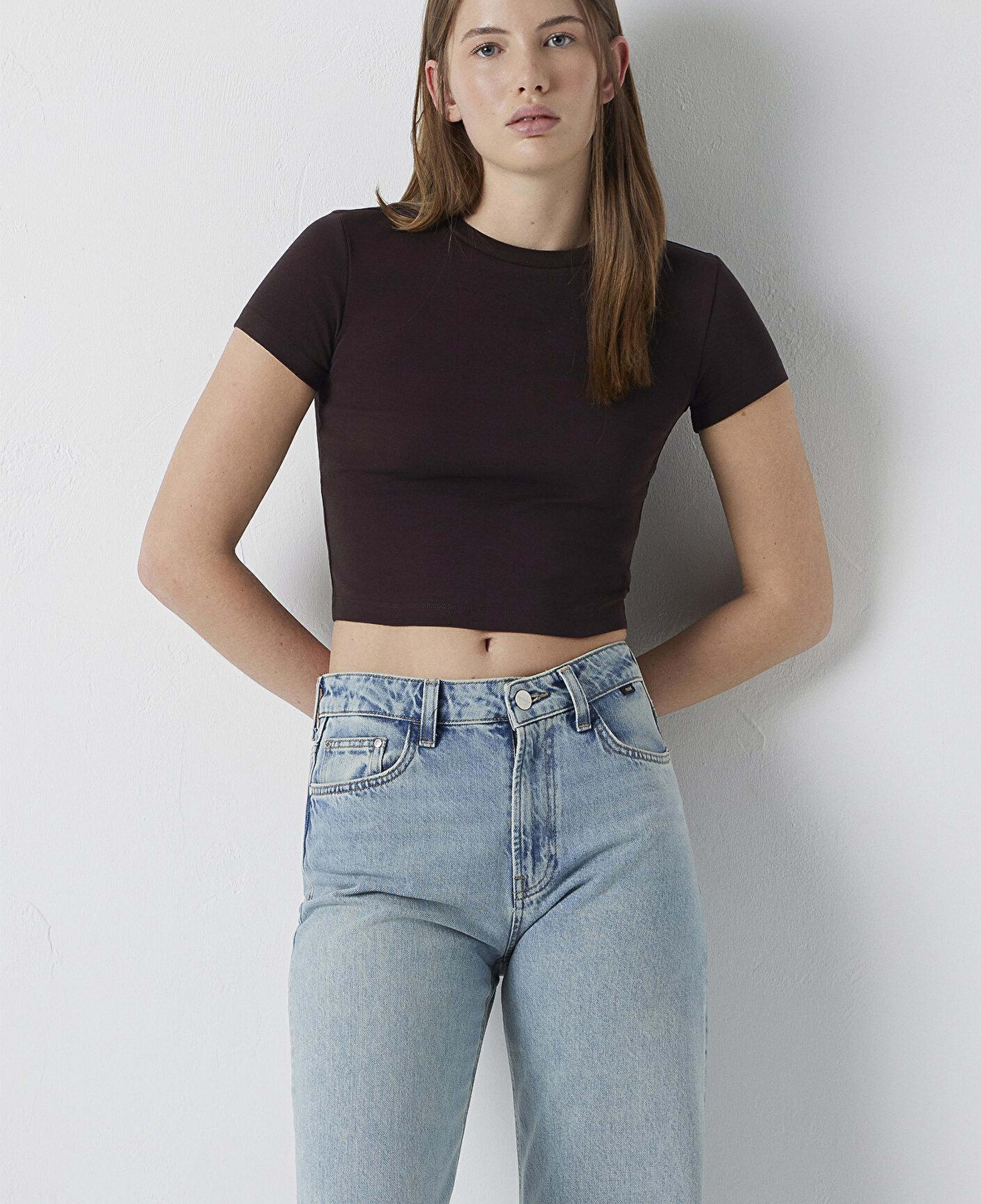 Mavi Kahverengi Basic Tişört Crop / Kısa Kesim 1600814-70240