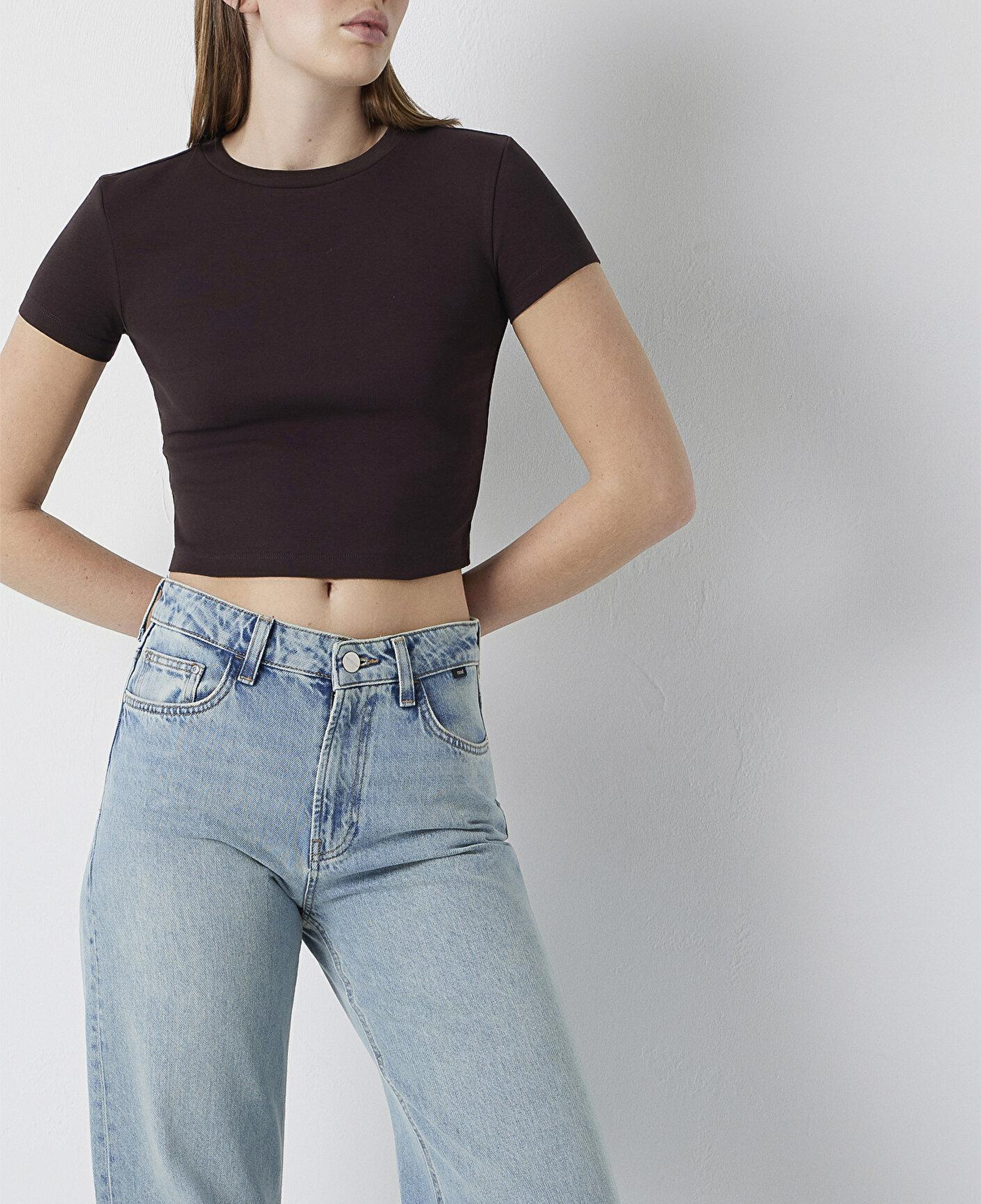 Mavi Kahverengi Basic Tişört Crop / Kısa Kesim 1600814-70240