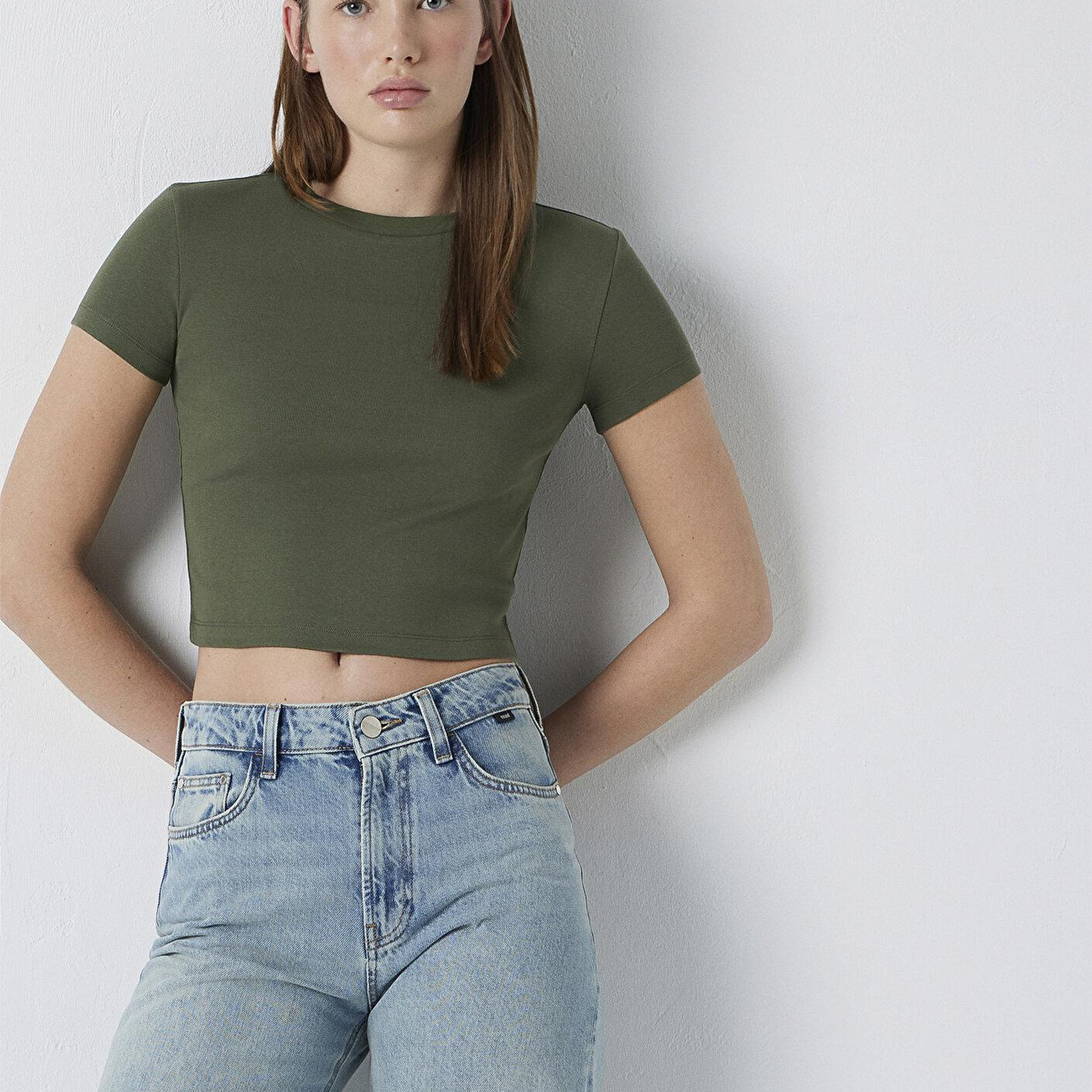 Mavi Yeşil Basic Tişört Crop / Kısa Kesim 1600814-71551