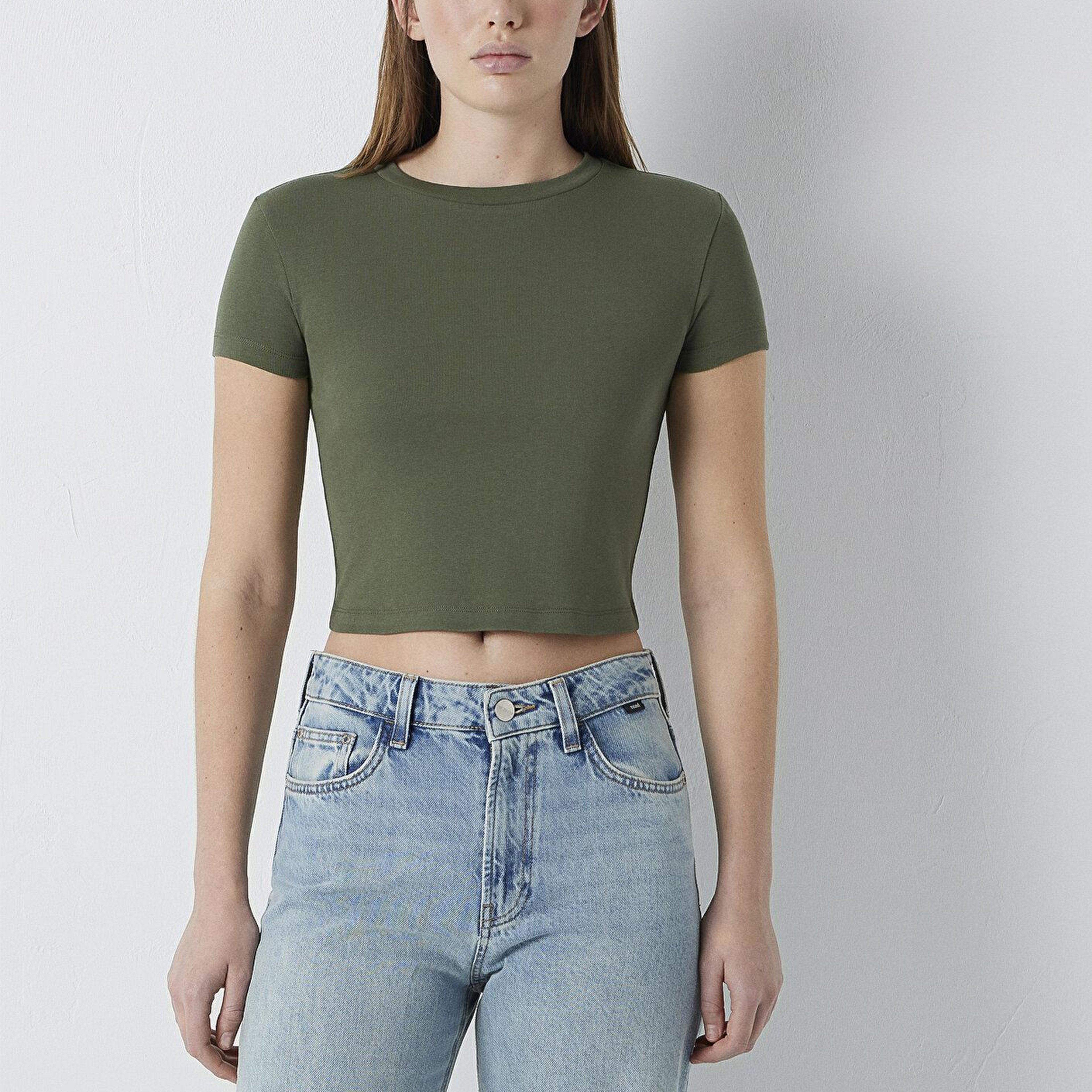 Mavi Yeşil Basic Tişört Crop / Kısa Kesim 1600814-71551