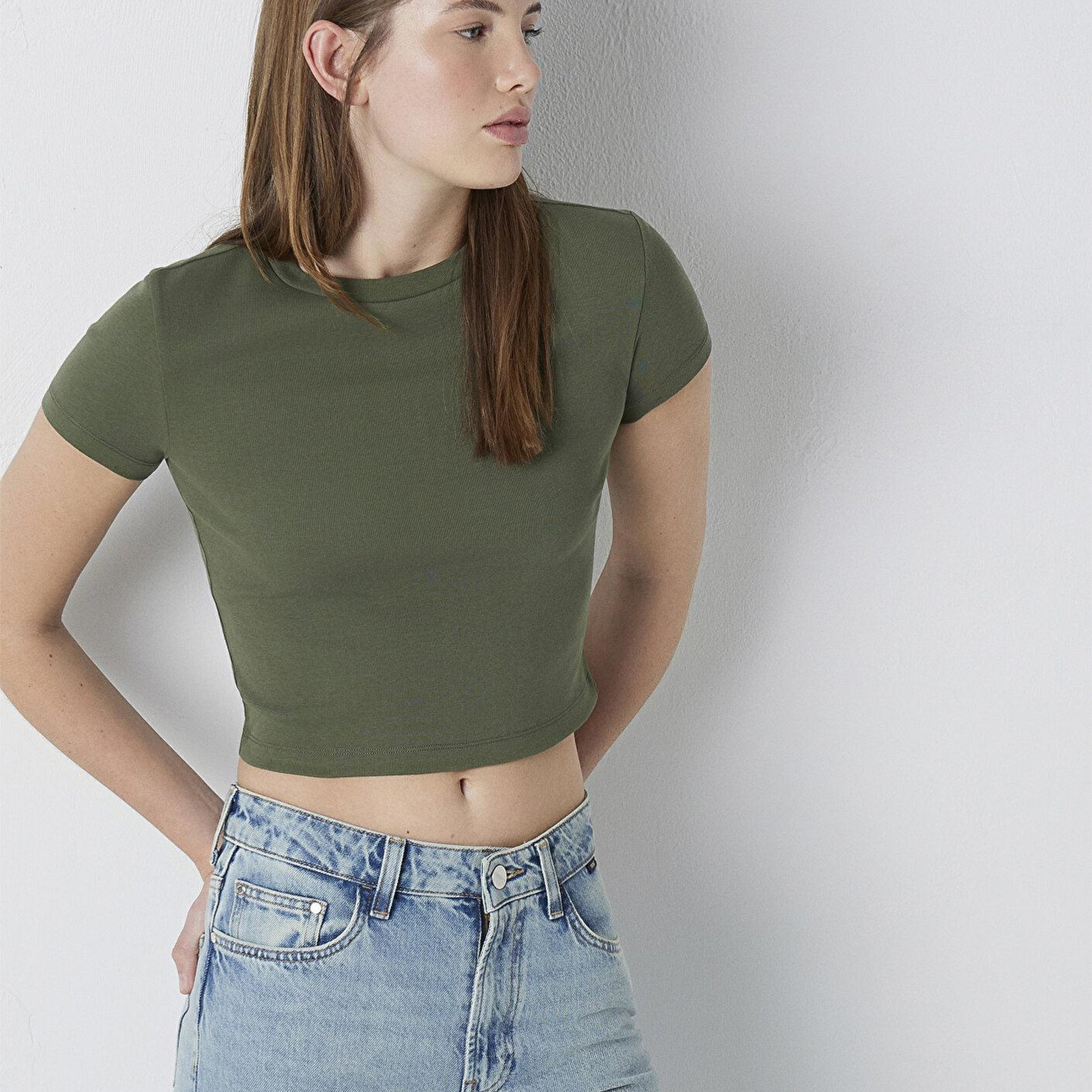 Mavi Yeşil Basic Tişört Crop / Kısa Kesim 1600814-71551