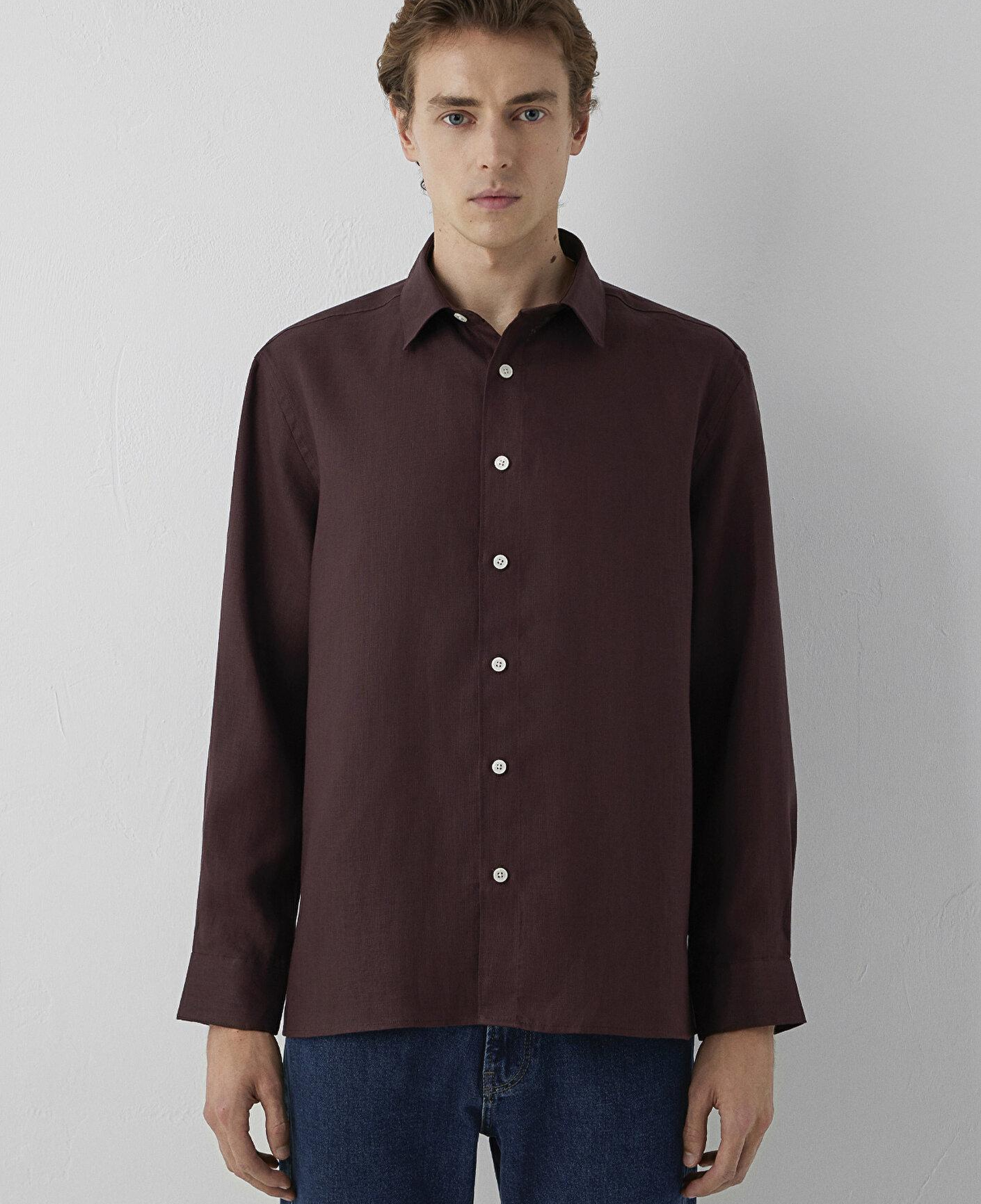 Mavi Kahverengi Keten Gömlek Loose Fit / Bol Rahat Kesim 0212117-70223