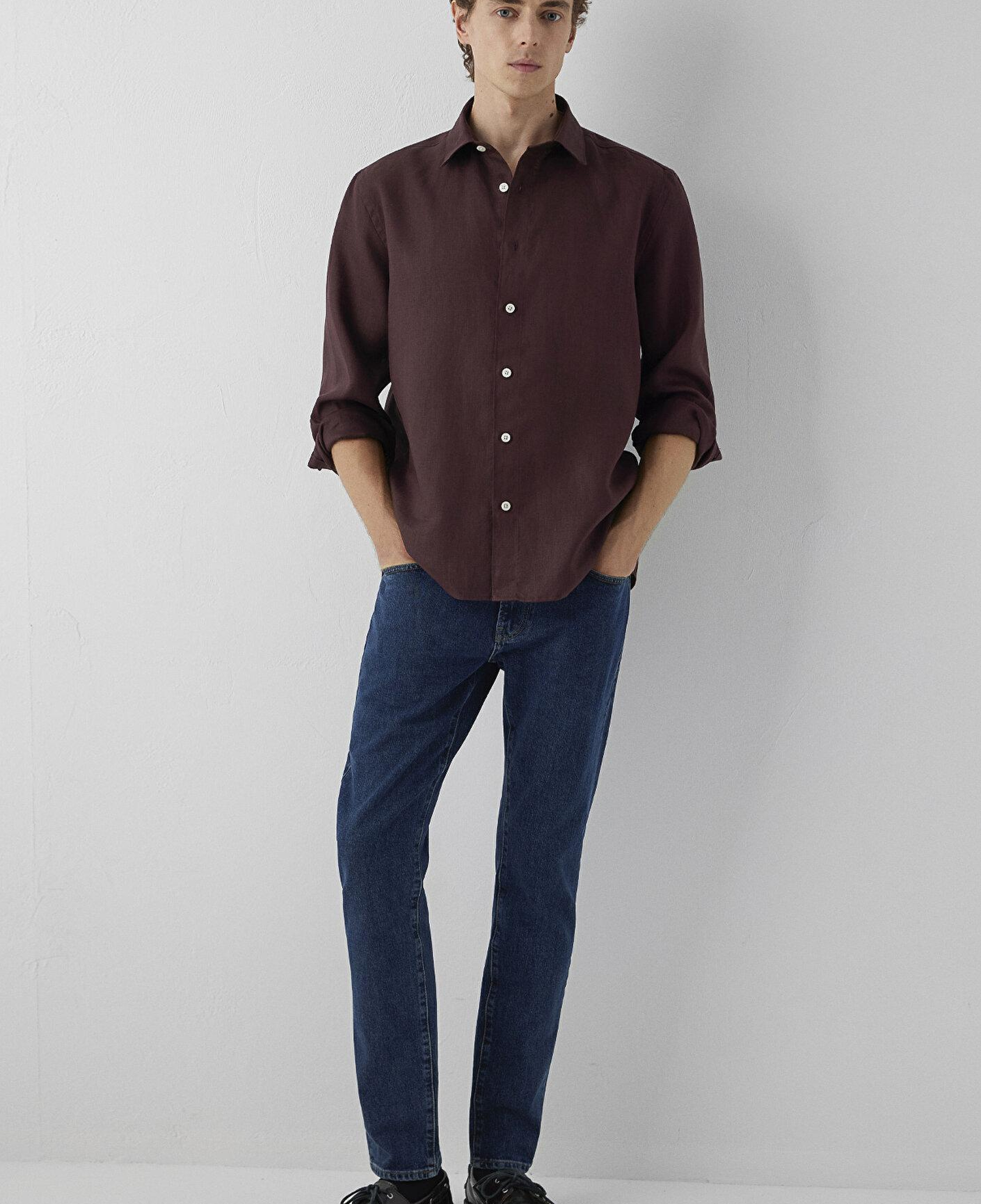 Mavi Kahverengi Keten Gömlek Loose Fit / Bol Rahat Kesim 0212117-70223
