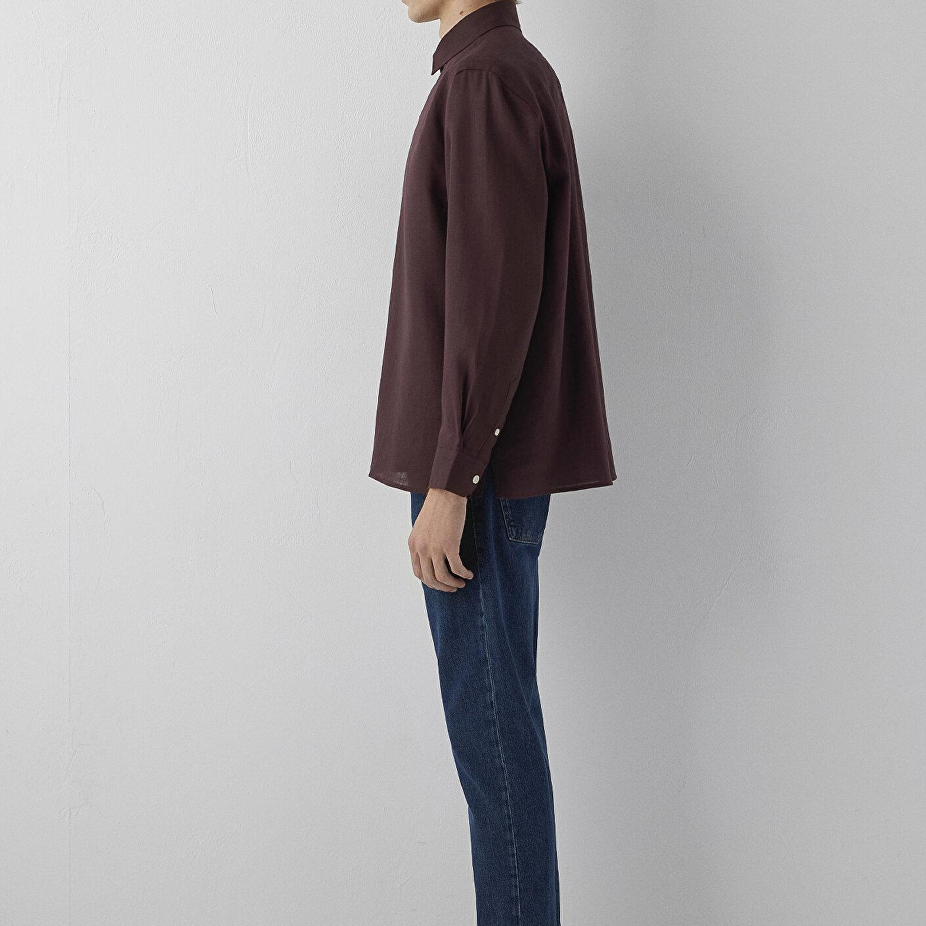 Mavi Kahverengi Keten Gömlek Loose Fit / Bol Rahat Kesim 0212117-70223