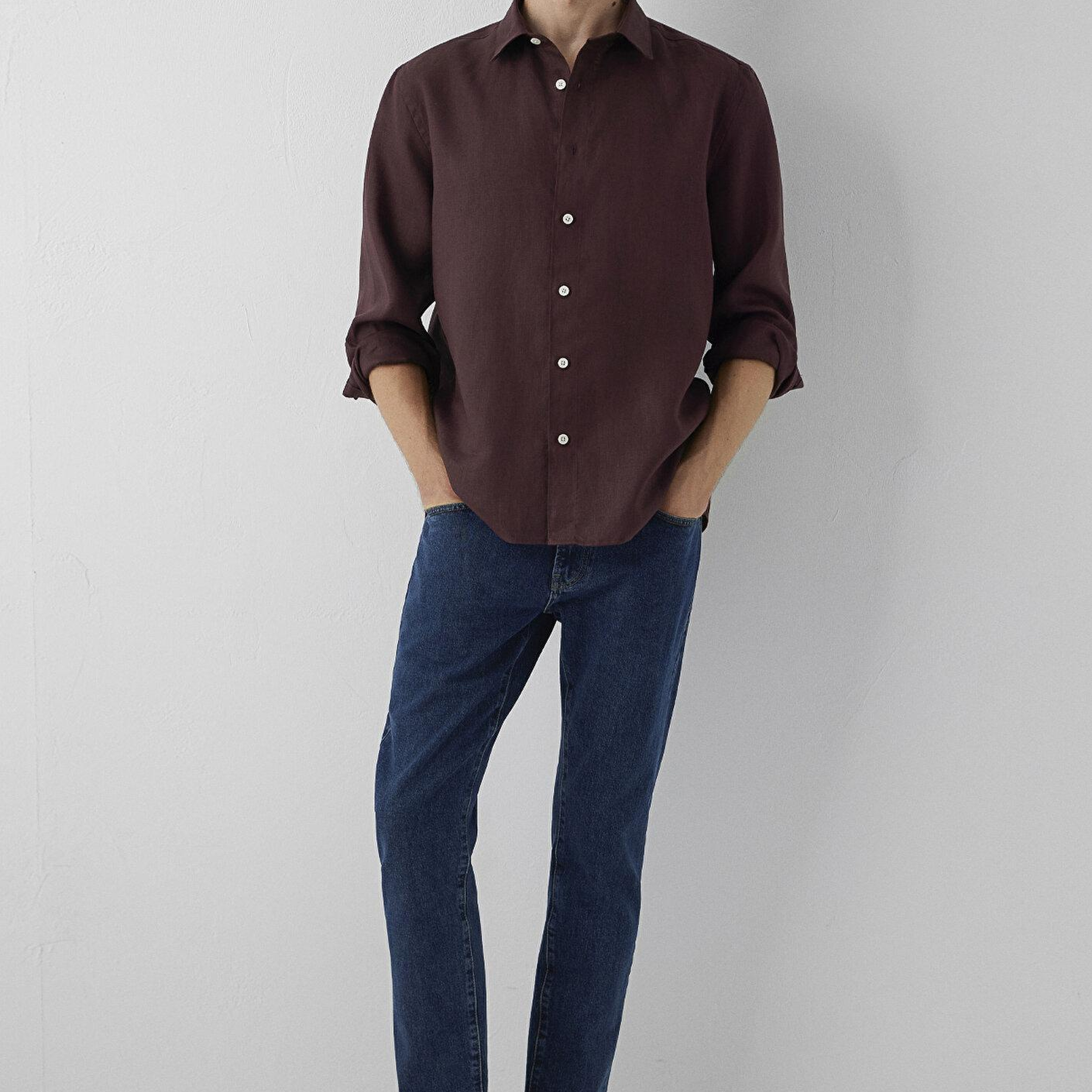 Mavi Kahverengi Keten Gömlek Loose Fit / Bol Rahat Kesim 0212117-70223