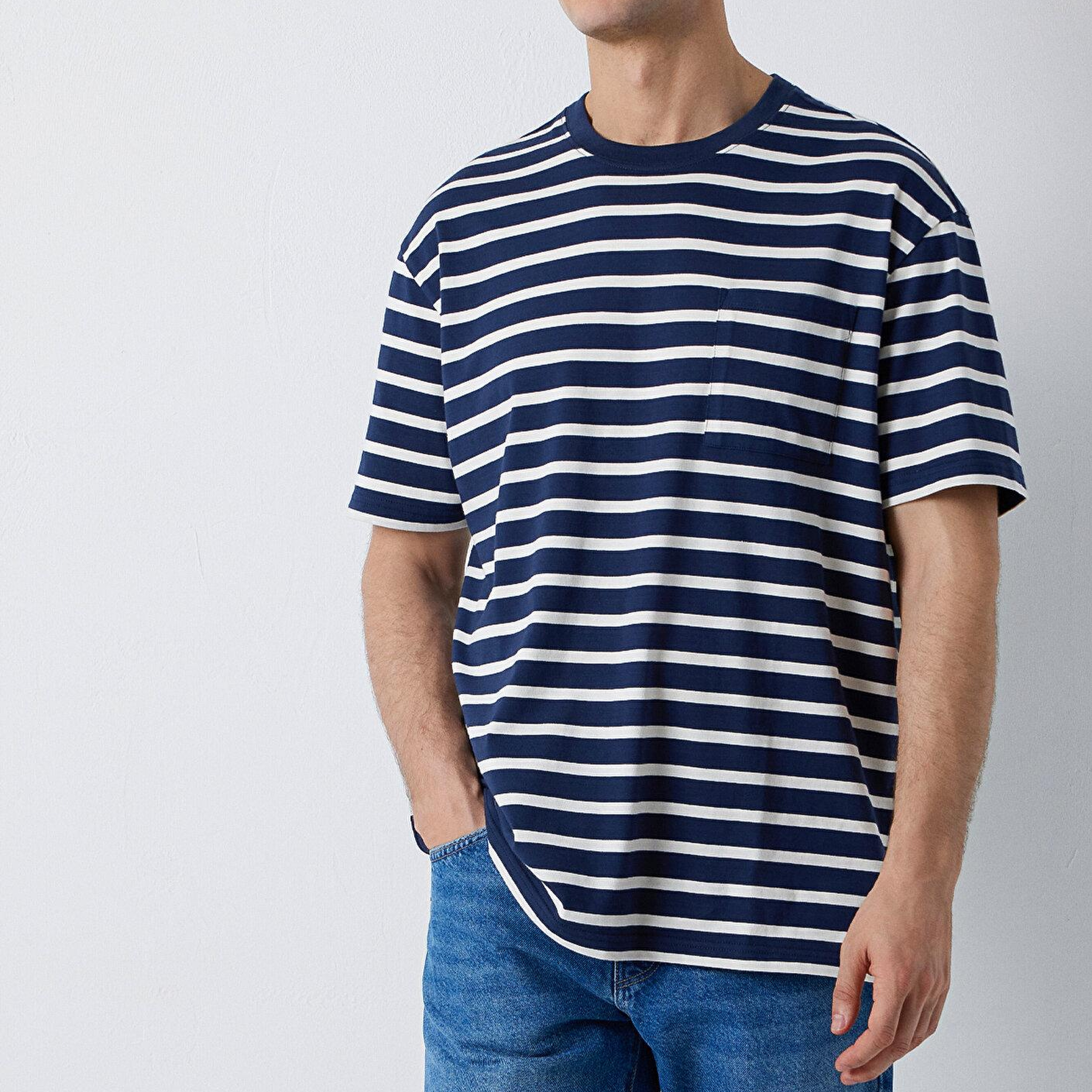Mavi Çizgili Tişört Loose Fit / Bol Rahat Kesim 0613516-70490