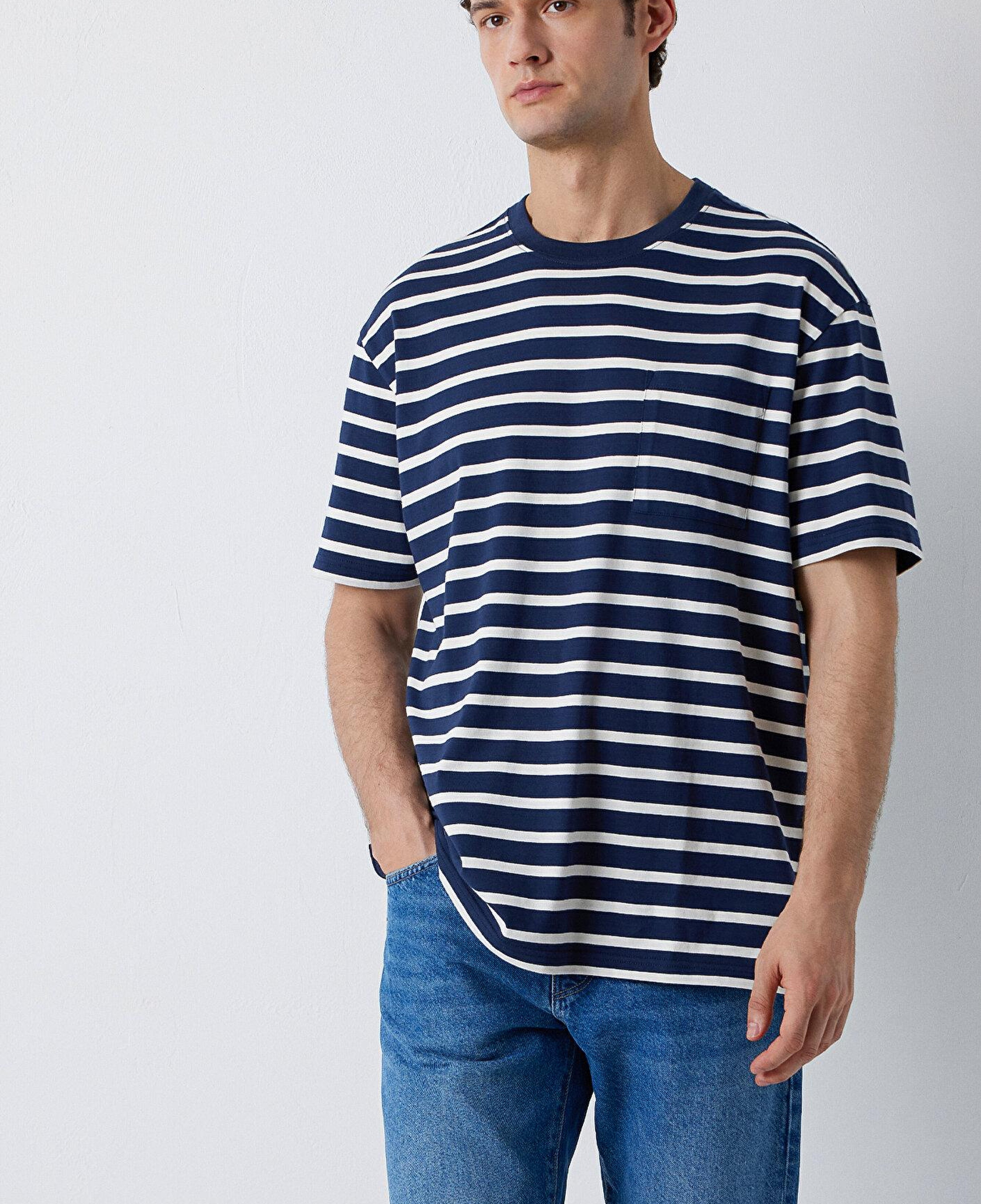Mavi Çizgili Tişört Loose Fit / Bol Rahat Kesim 0613516-70490