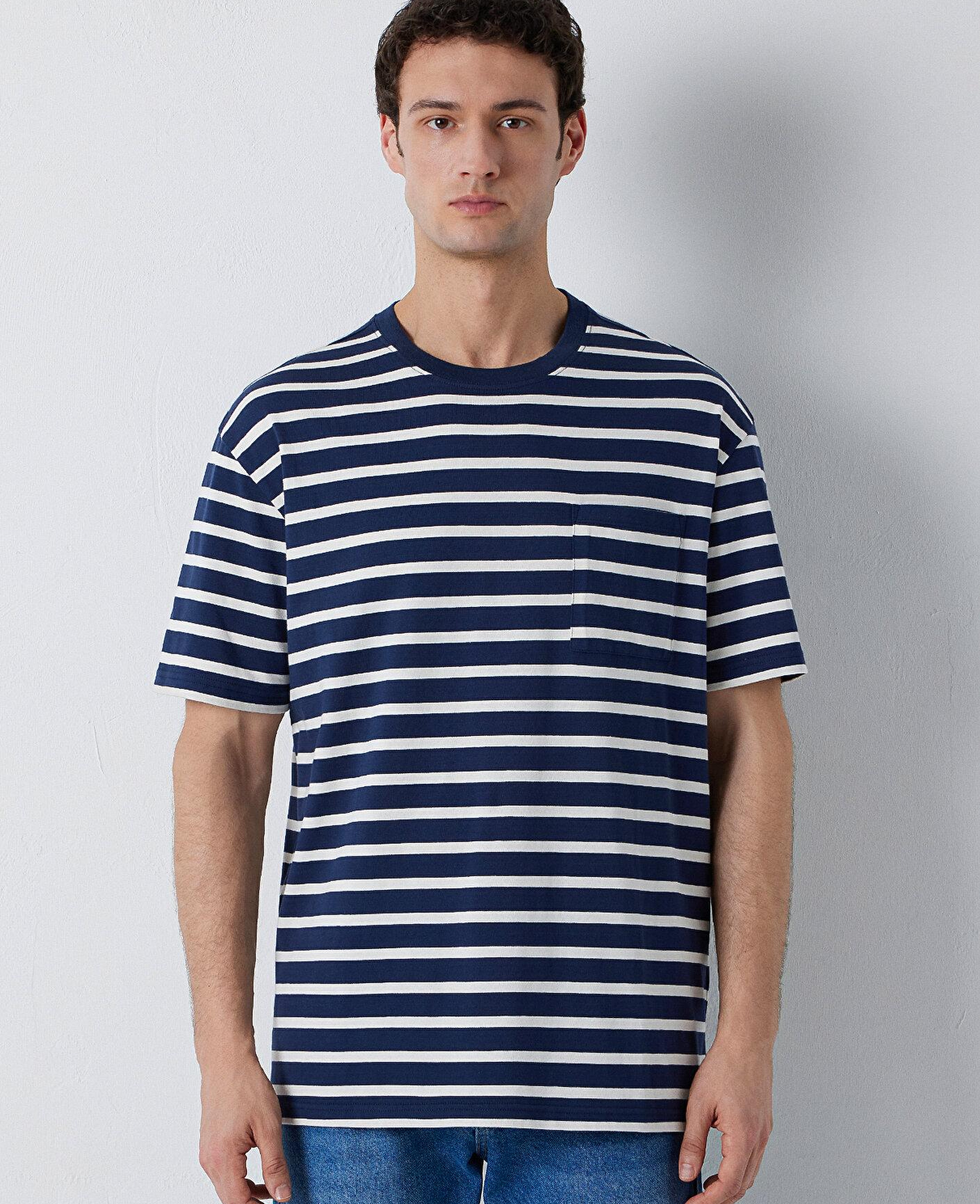 Mavi Çizgili Tişört Loose Fit / Bol Rahat Kesim 0613516-70490