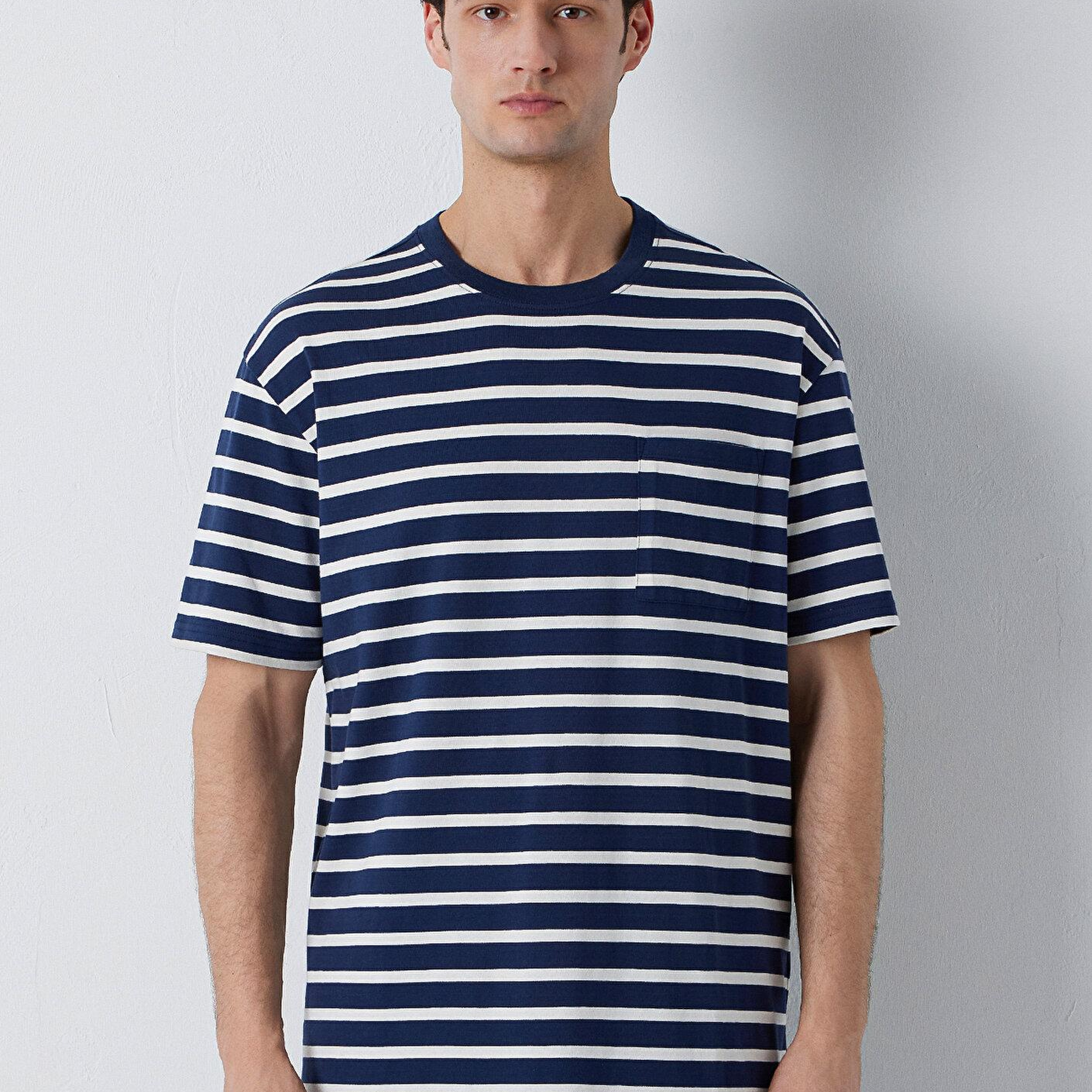 Mavi Çizgili Tişört Loose Fit / Bol Rahat Kesim 0613516-70490