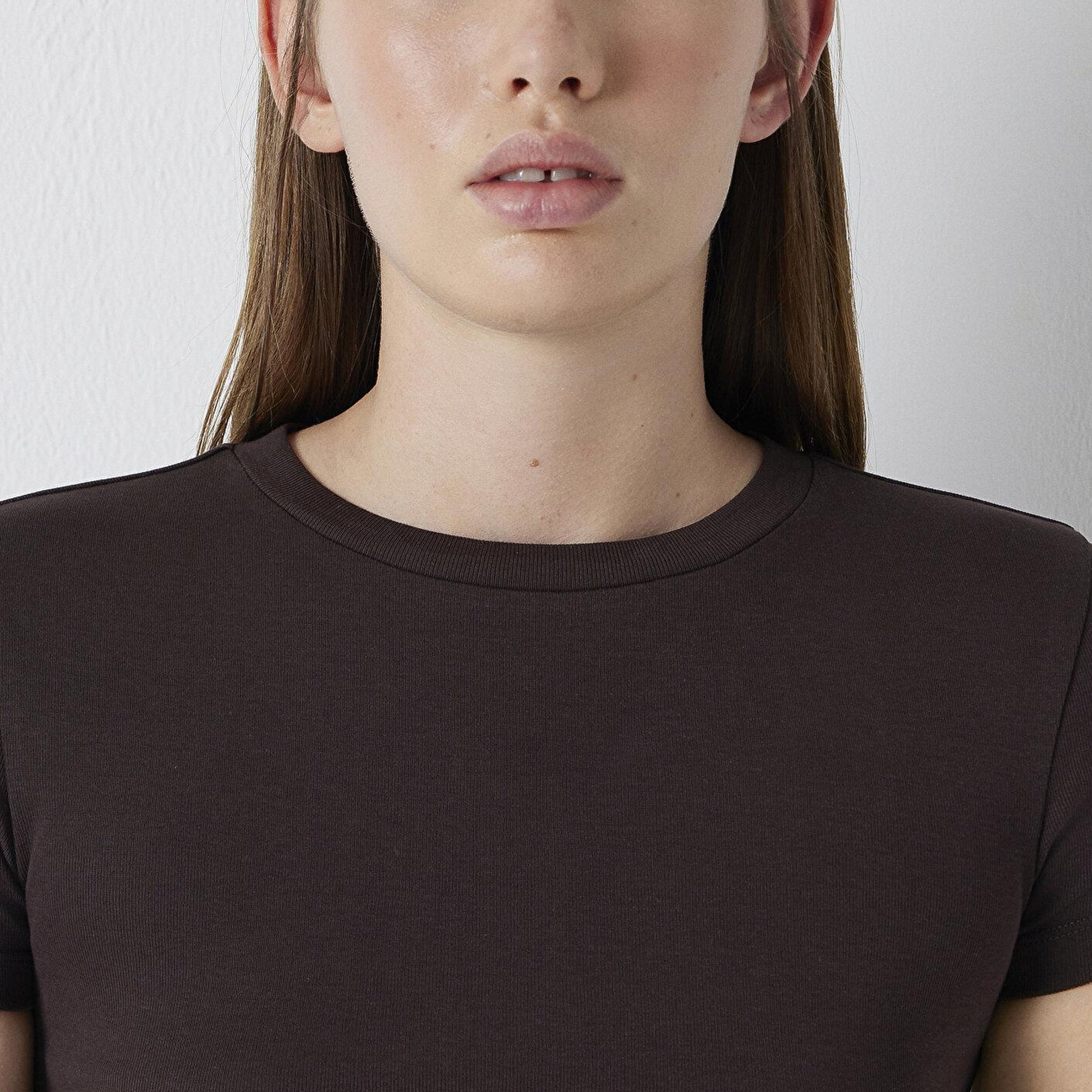 Mavi Kahverengi Basic Tişört Crop / Kısa Kesim 1600814-70240